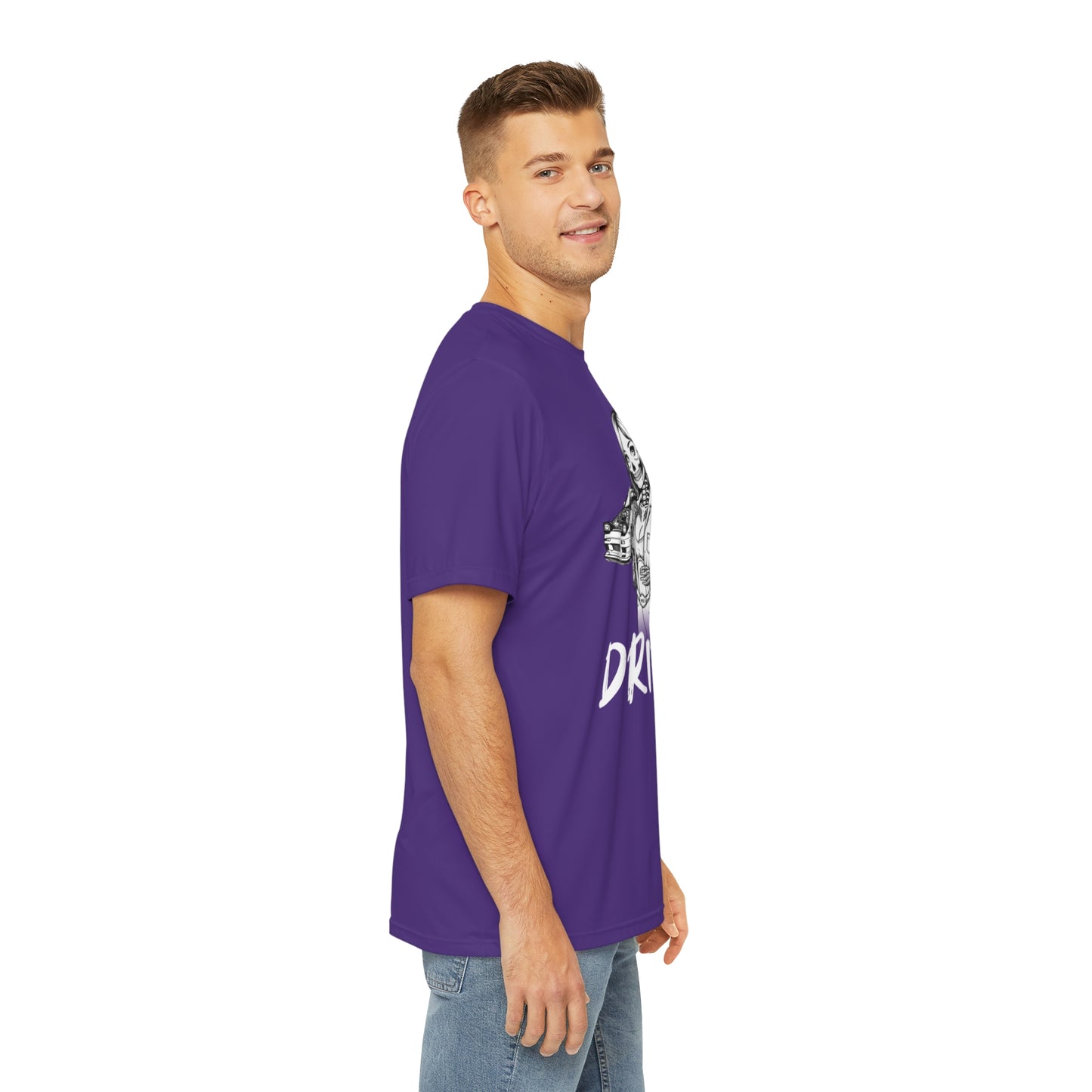 Right side view of a man wearing a purple polyester t-shirt, with a design of a female skeleton dressed as a mechanic printed on the front.