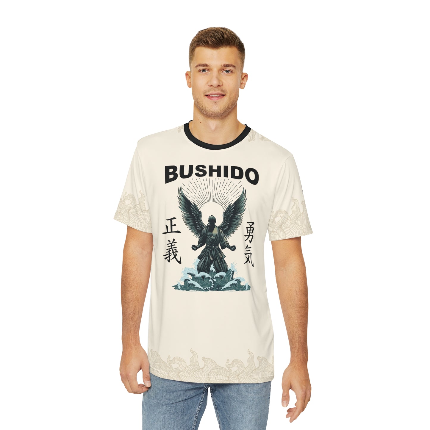 Man wearing an off-white polyester t-shirt with an illustration of a martial artist with angel wings. The text above the design reads "Bushido", and the kanji on the left and right sides are translated to English as "Justice" and "Courage".