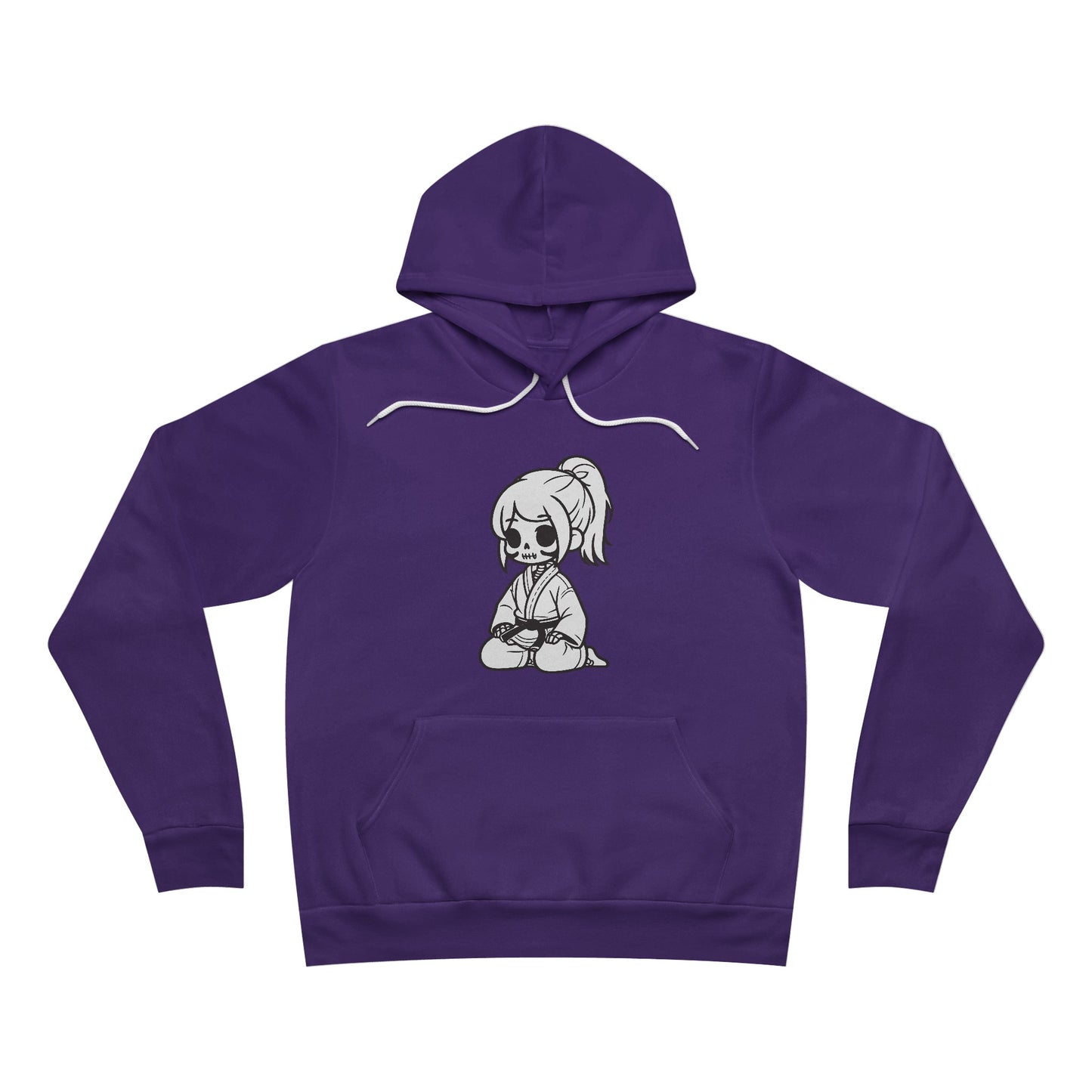 Front view of a purple pullover hoodie, with a design of a skeleton girl wearing a jiu jitsu gi and black belt on the front.