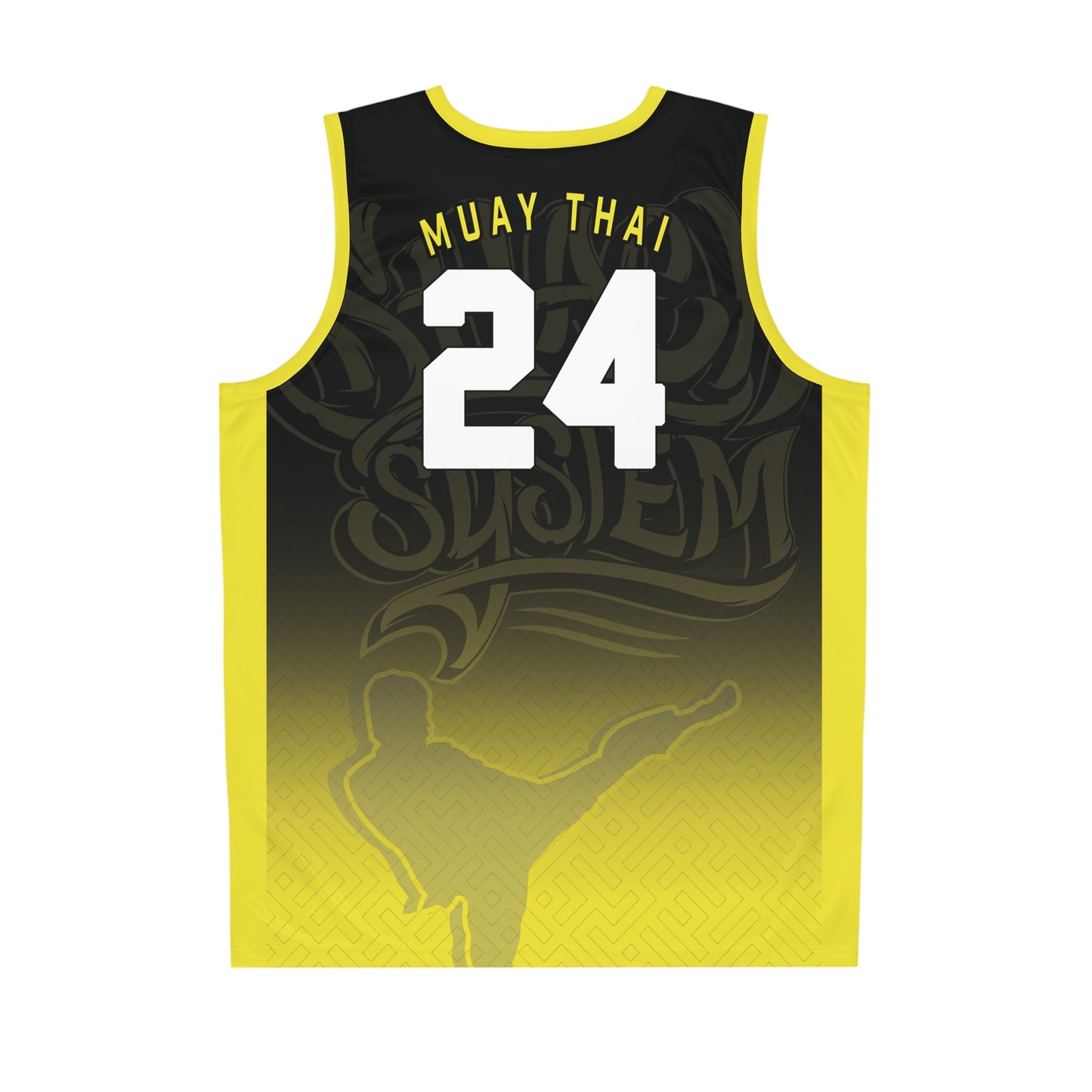 Back view of a yellow and black jersey featuring The Shack System logo in the background and the text, "Muay Thai" and the number 24 printed on the upper back area.