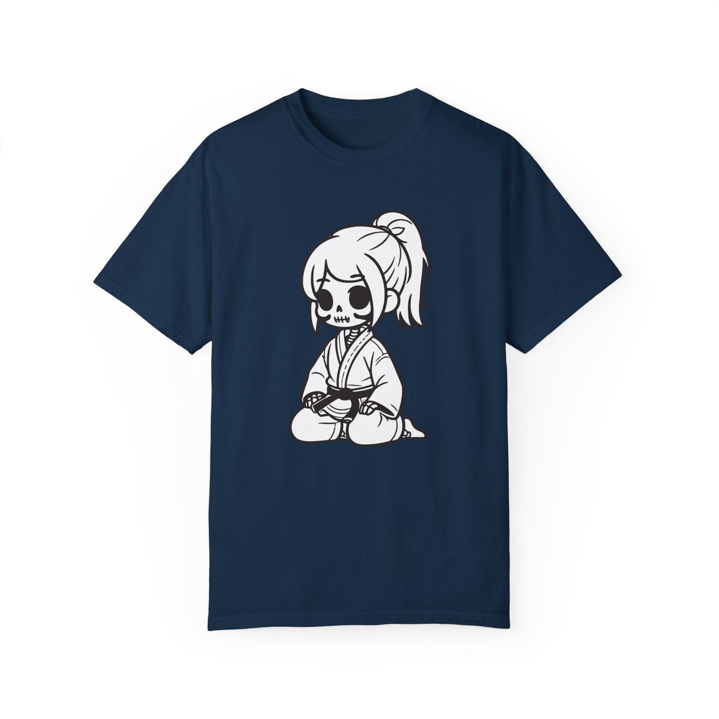 Front view of a True Navy colored cotton t-shirt, with a design of a skeleton girl wearing a jiu jitsu gi. Wrapped around the girl's waist is a black belt.