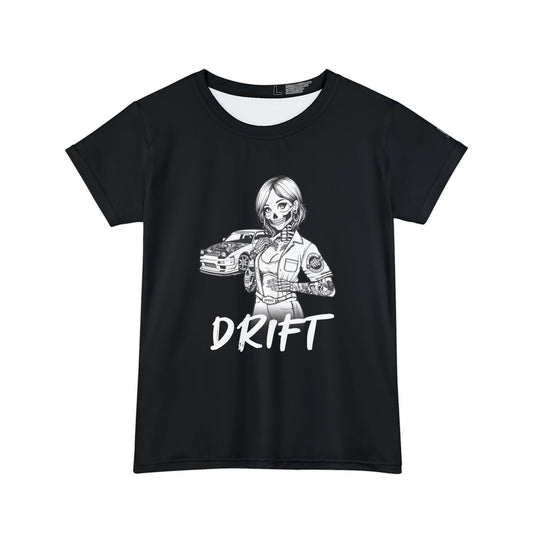 Women's black, polyester blend t-shirt, with a design of a female skeleton dressed as a mechanic. The mechanic is standing next to her car with the word "Drift" written underneath.