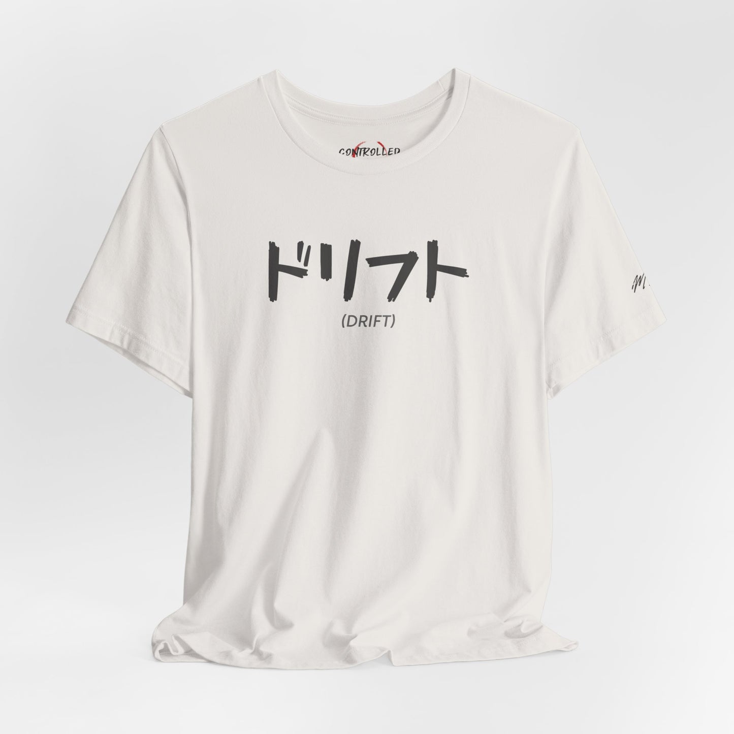 Alternate front view of an off-white t-shirt with text printed on the chest that spells Drift in Japanese.