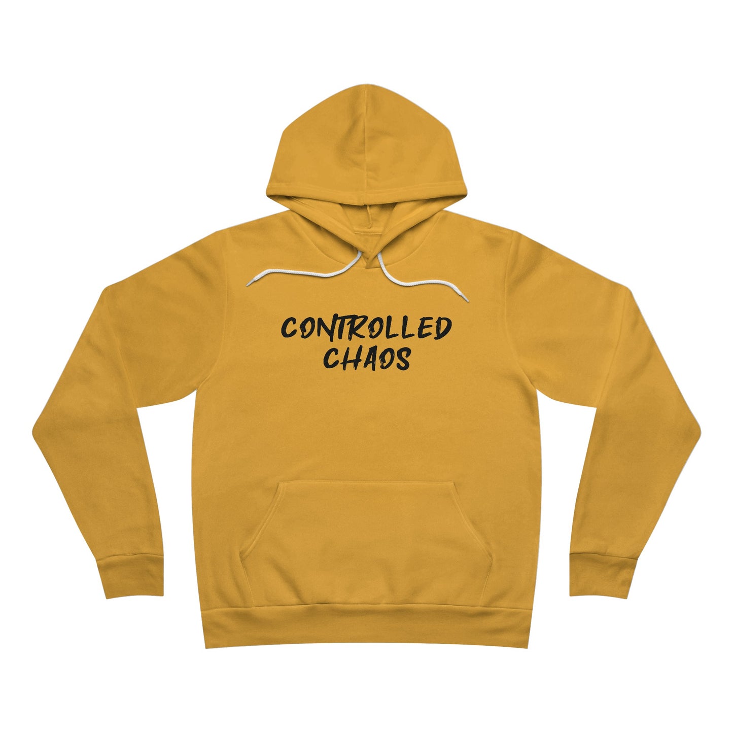 Front view of a gold colored fleece hoodie, with the words "Controlled Chaos" written across the chest.