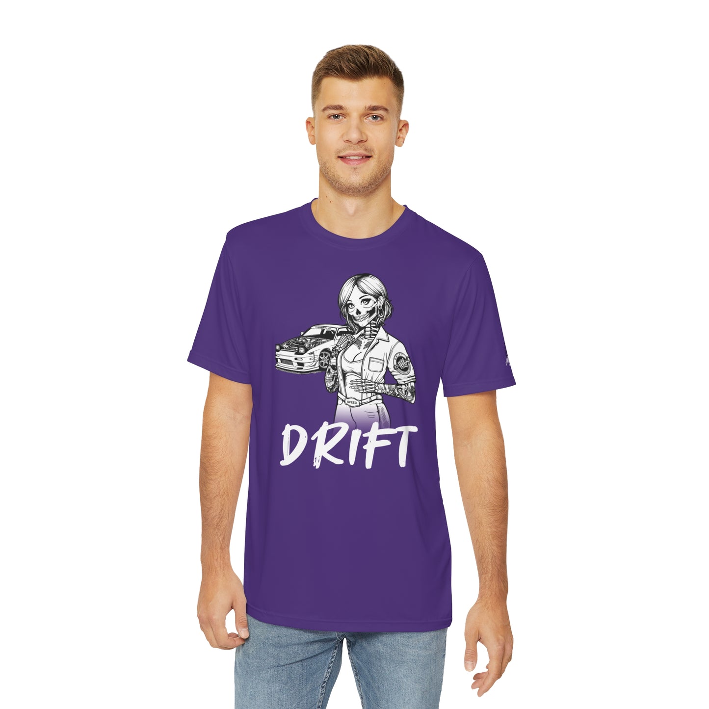 Front view of a man wearing a purple polyester t-shirt, with a design of a female skeleton dressed as a mechanic. The mechanic is standing next to her car with the word "Drift" written underneath.