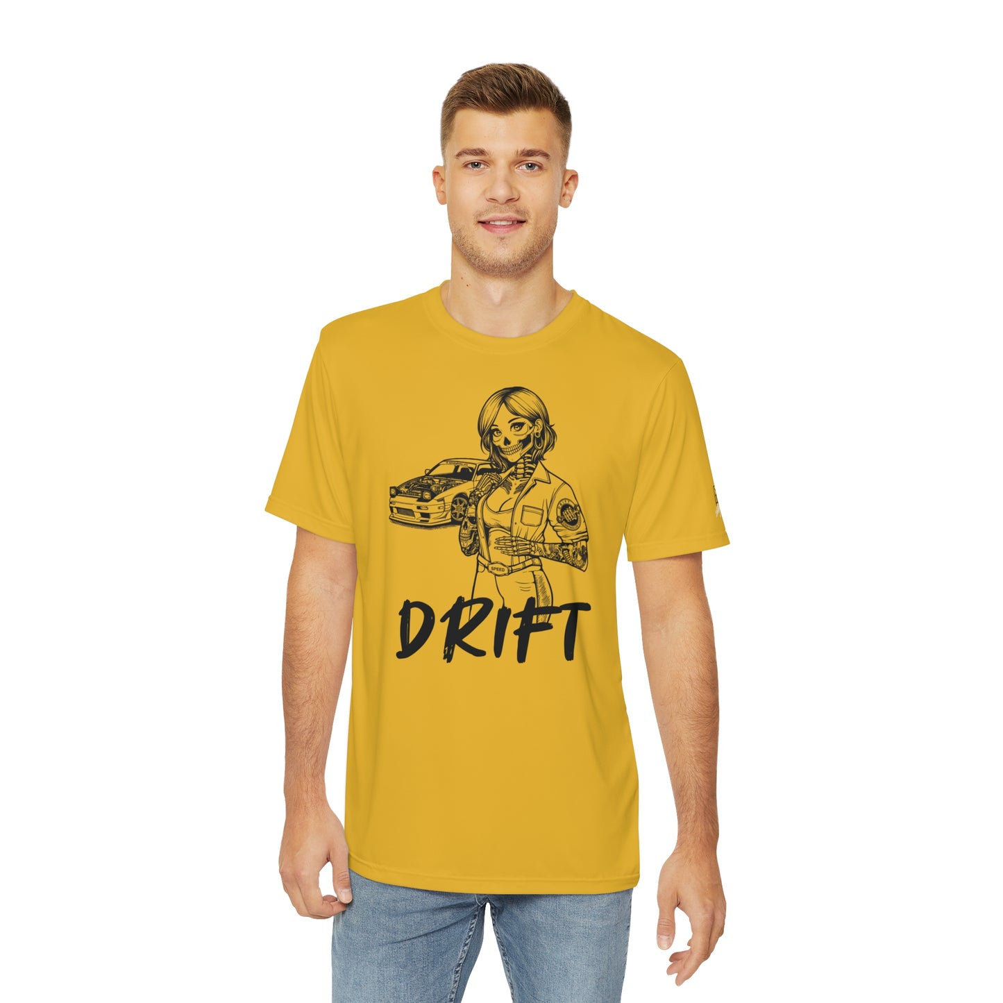 Front view of a man wearing a yellow polyester t-shirt, with a design of a female skeleton dressed as a mechanic. The mechanic is standing next to her car with the word "Drift" written underneath.