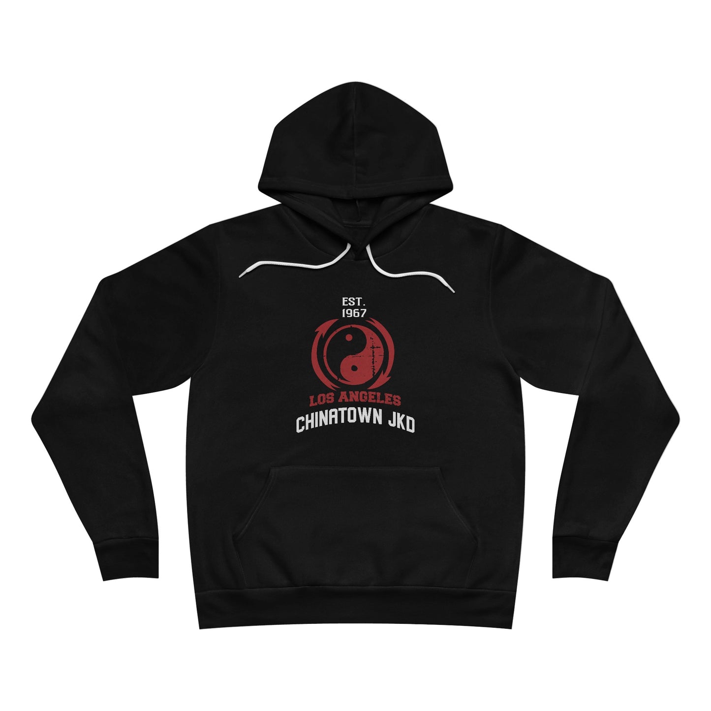 Front view of a black pullover hoodie with a yin yang symbol and text that reads, "Los Angeles Chinatown JKD", "Est. 1967".