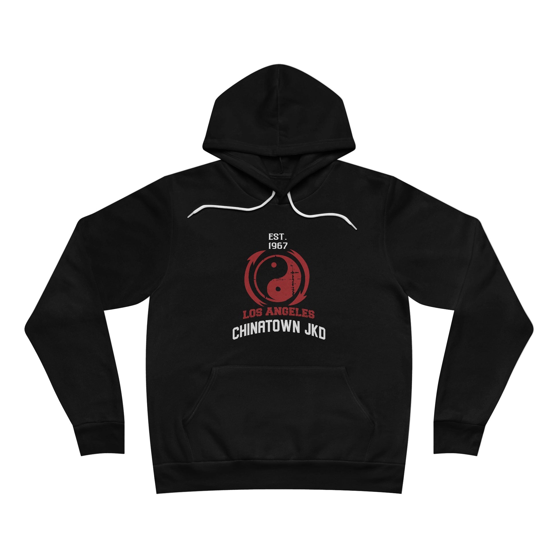 Front view of a black pullover hoodie with a yin yang symbol and text that reads, "Los Angeles Chinatown JKD", "Est. 1967".