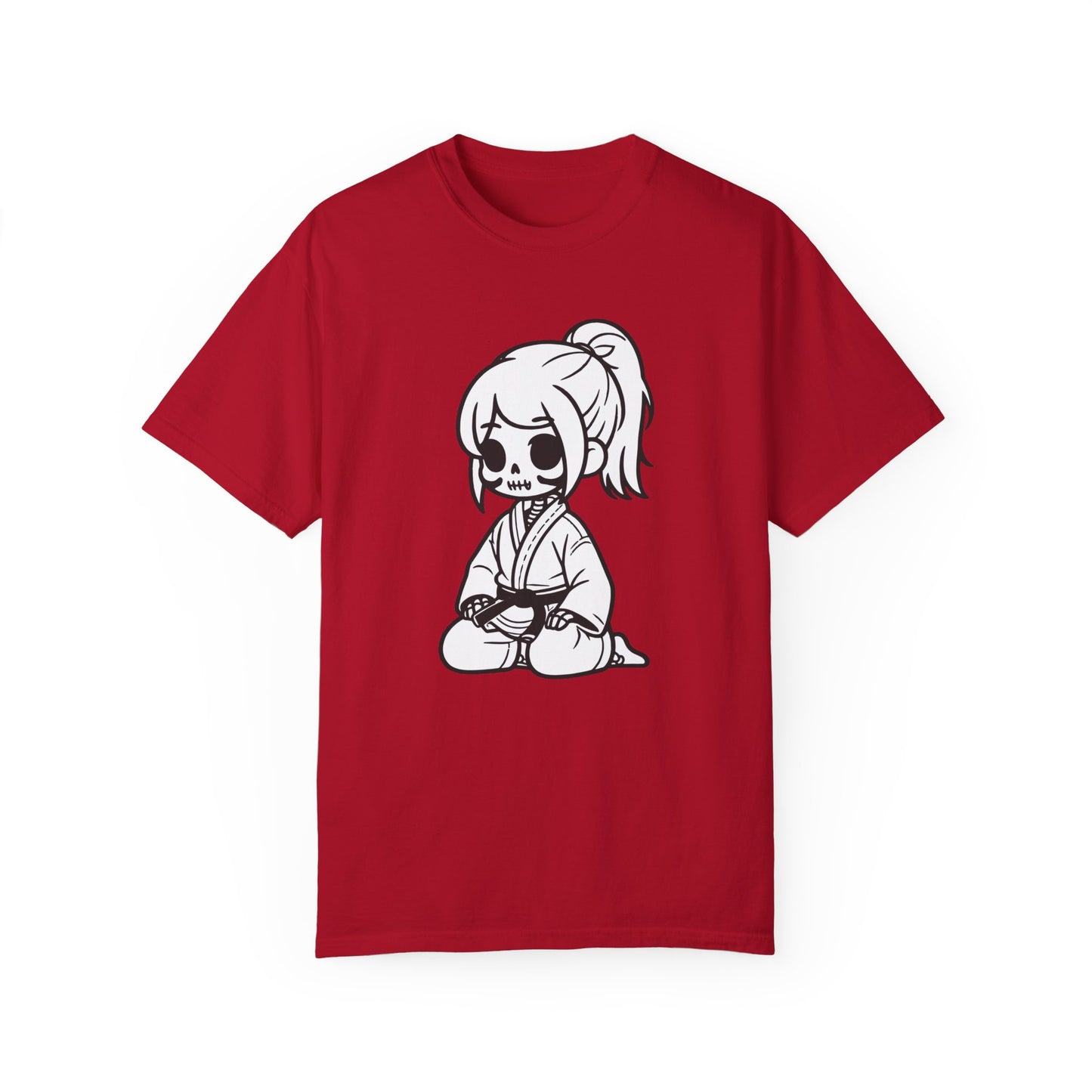 Front view of a red, cotton t-shirt with a design of a skeleton girl wearing a jiu jitsu gi. Wrapped around the girl's waist is a black belt.