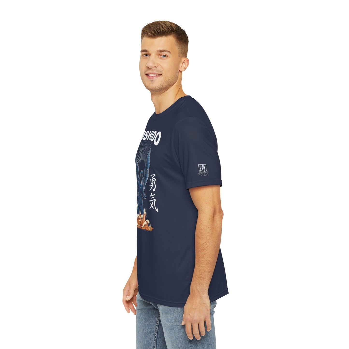 Left side view of a man wearing a navy colored polyester t-shirt, with an illustration of a martial artist with angel wings on the front. The MartialBoutique logo is printed on the left sleeve.