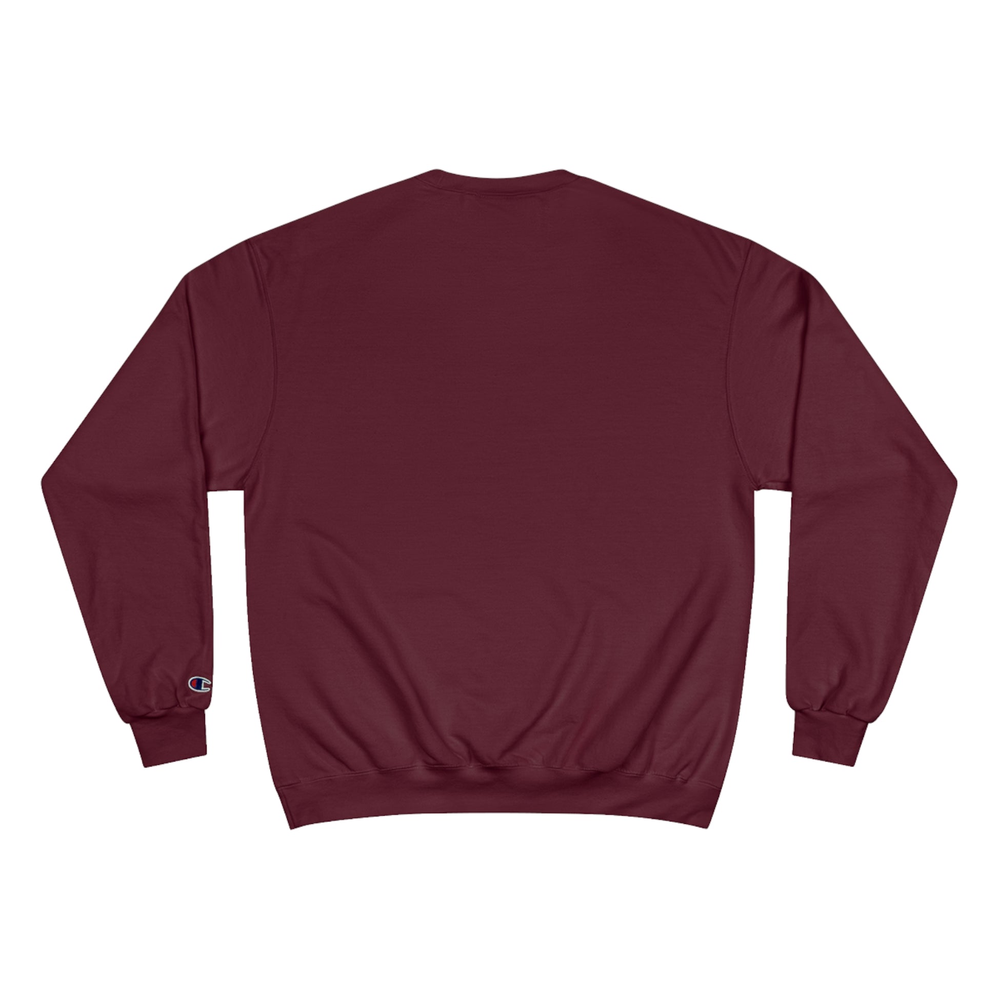 Back view of a maroon colored, Champion brand sweatshirt.