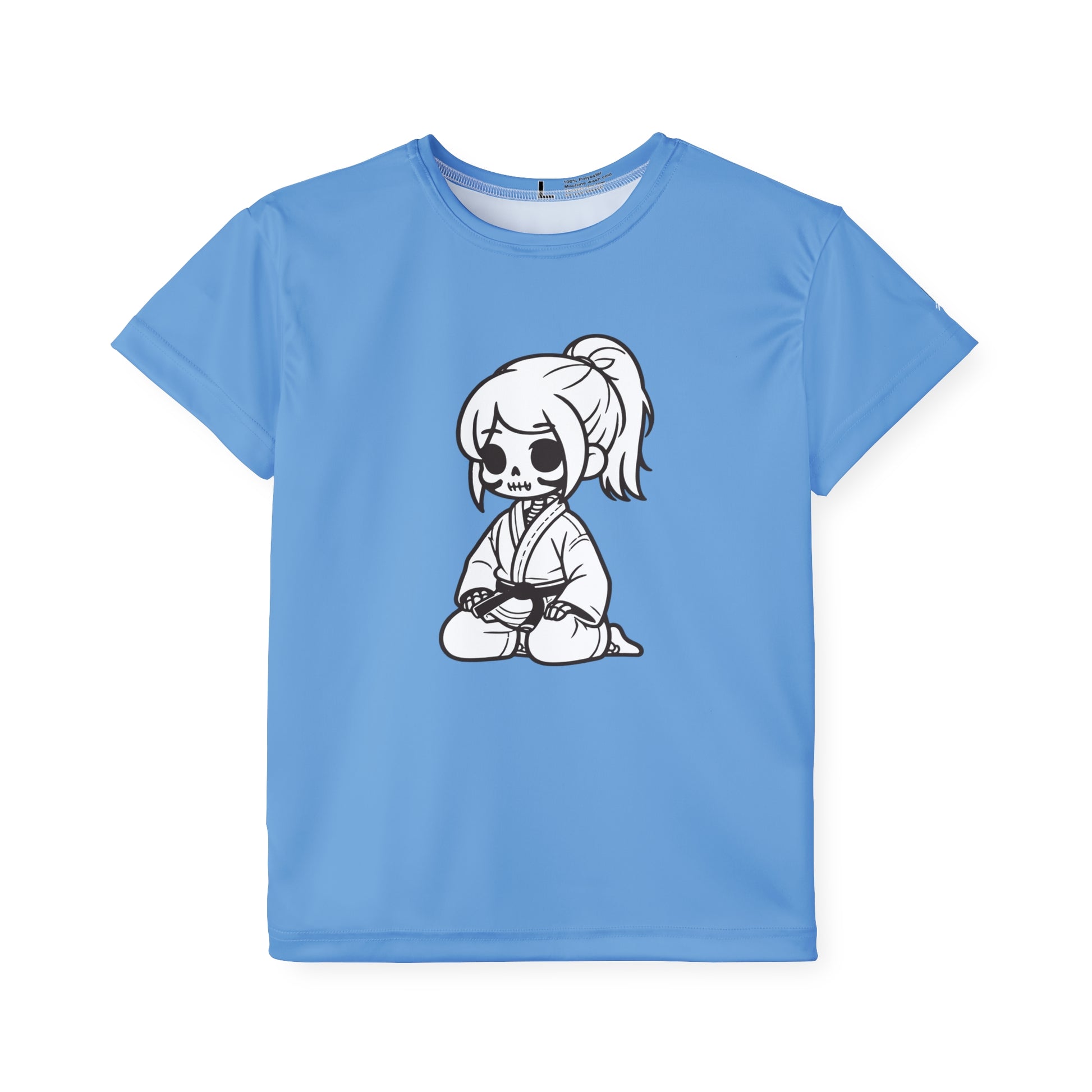 Front view of a light blue, polyester kids t-shirt, with a design of a skeleton girl wearing a jiu jitsu gi and black belt on the front.