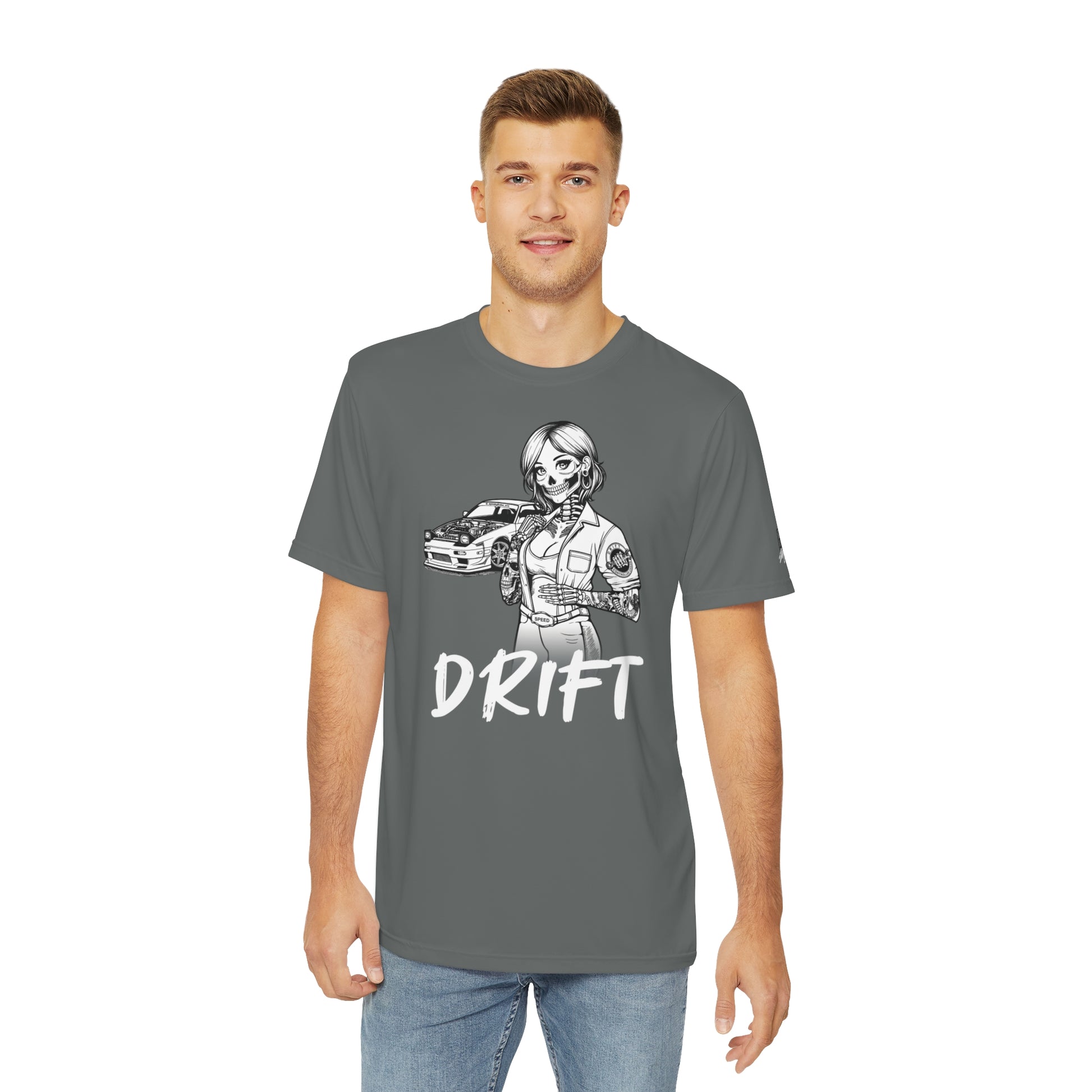 Front view of a man wearing a dark gray polyester t-shirt, with a design of a female skeleton dressed as a mechanic. The mechanic is standing next to her car with the word "Drift" written underneath.