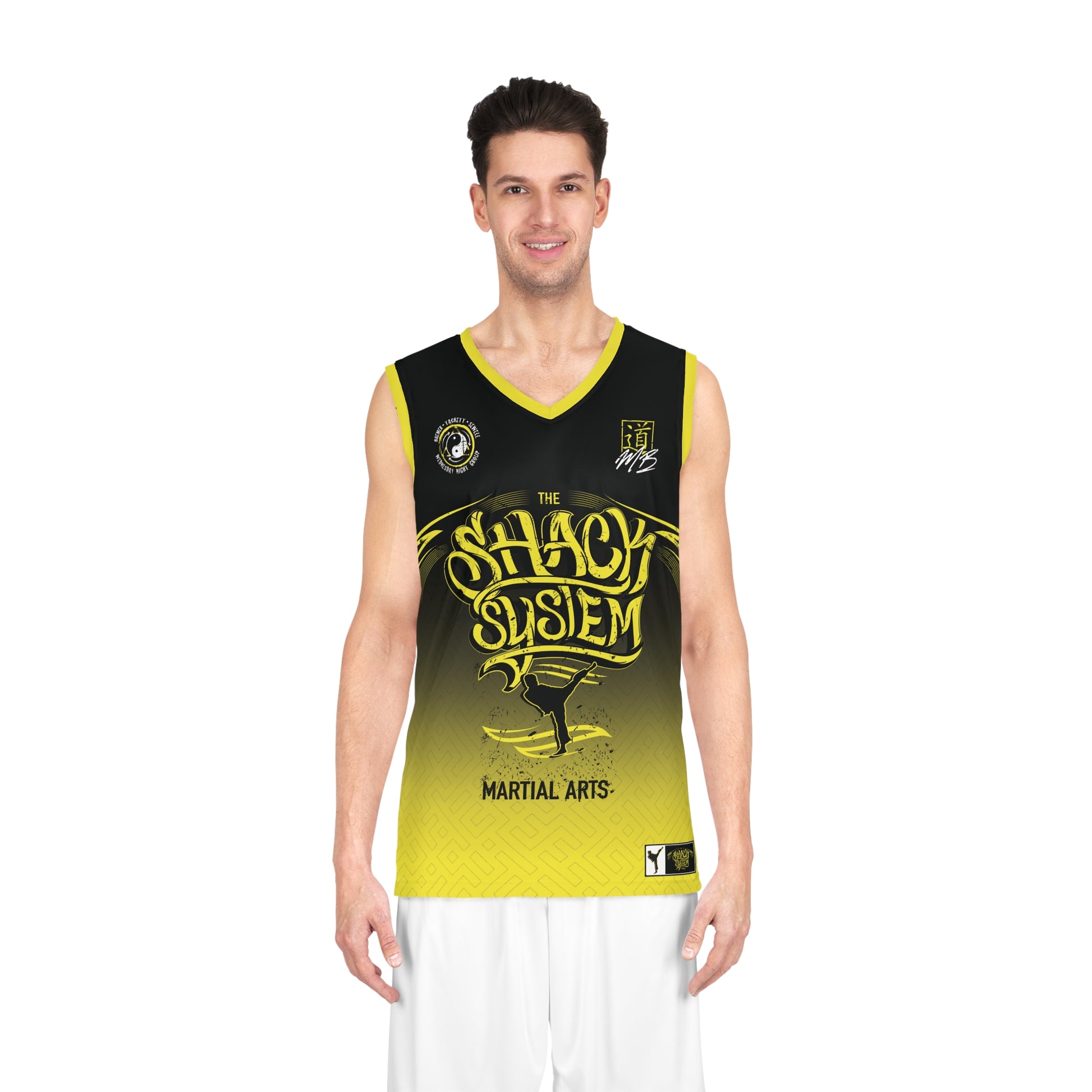 Front view of a man wearing a custom yellow and black team jersey created for The Shack System in Glendora, California.