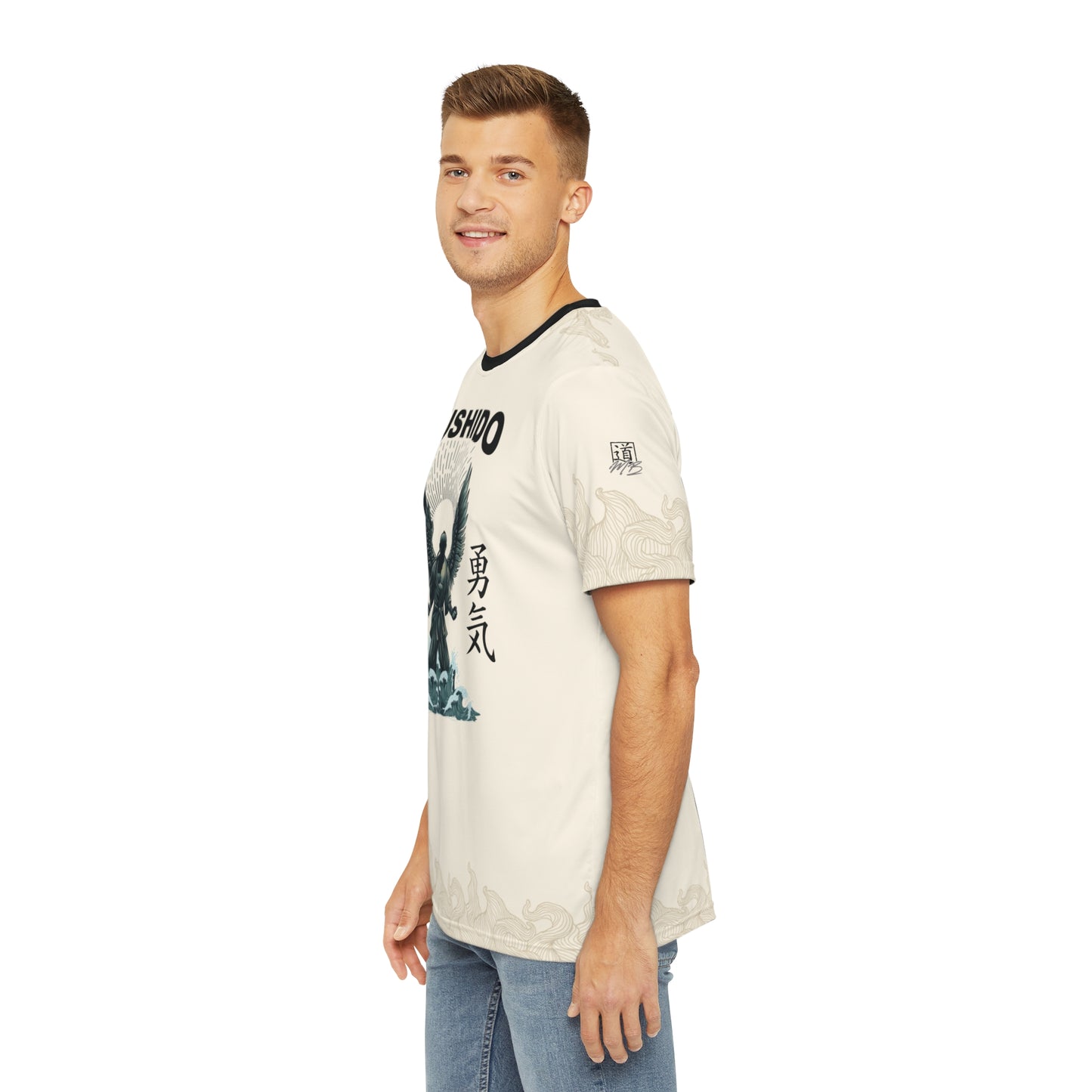 Left side view of a man wearing an off-white polyester t-shirt, with an illustration of a martial artist with angel wings on the front. The MartialBoutique logo is printed on the left sleeve.