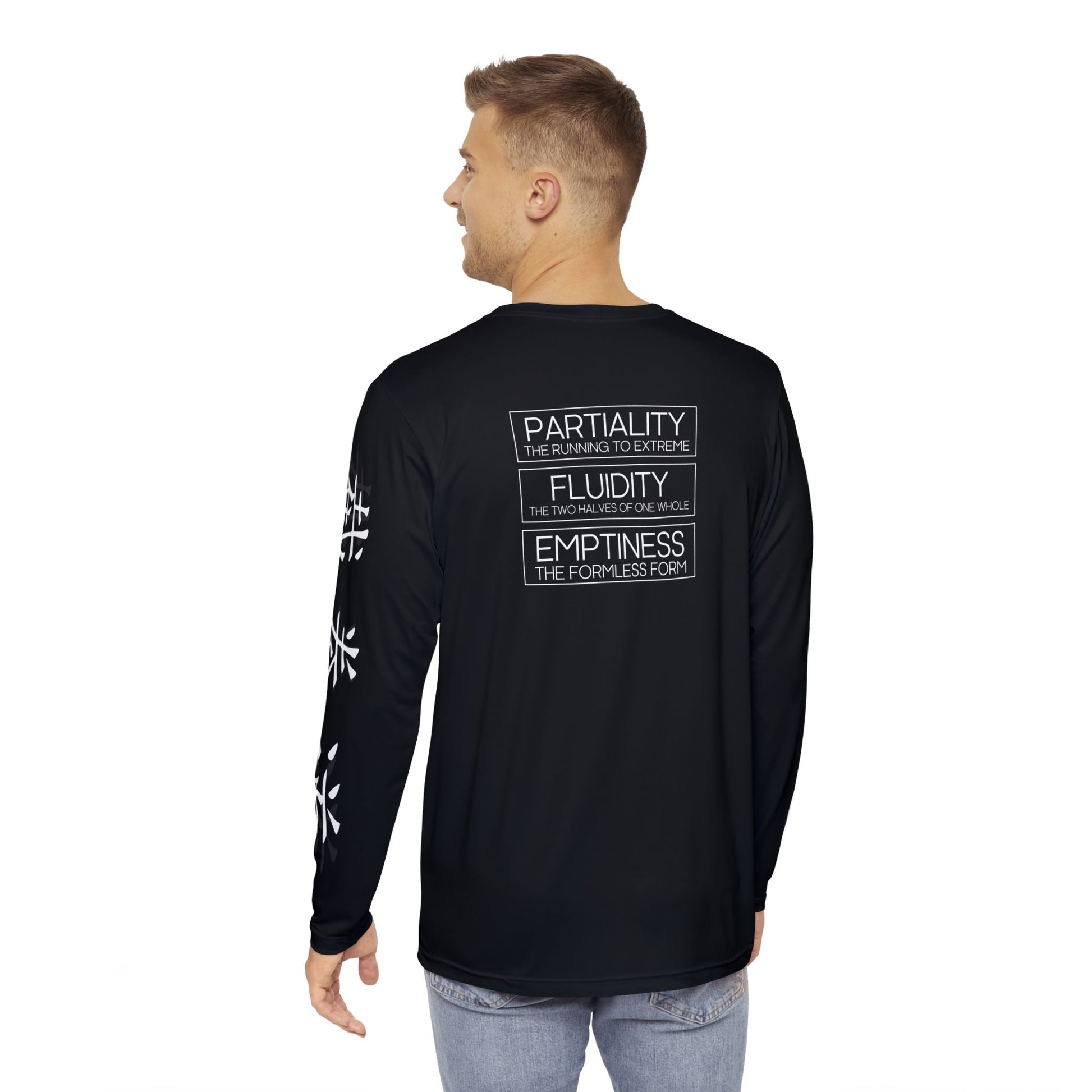 Back view of a man wearing a black, polyester long sleeve t-shirt, with the words "Partiality", "Fluidity", and "Emptiness" printed on the upper back area.