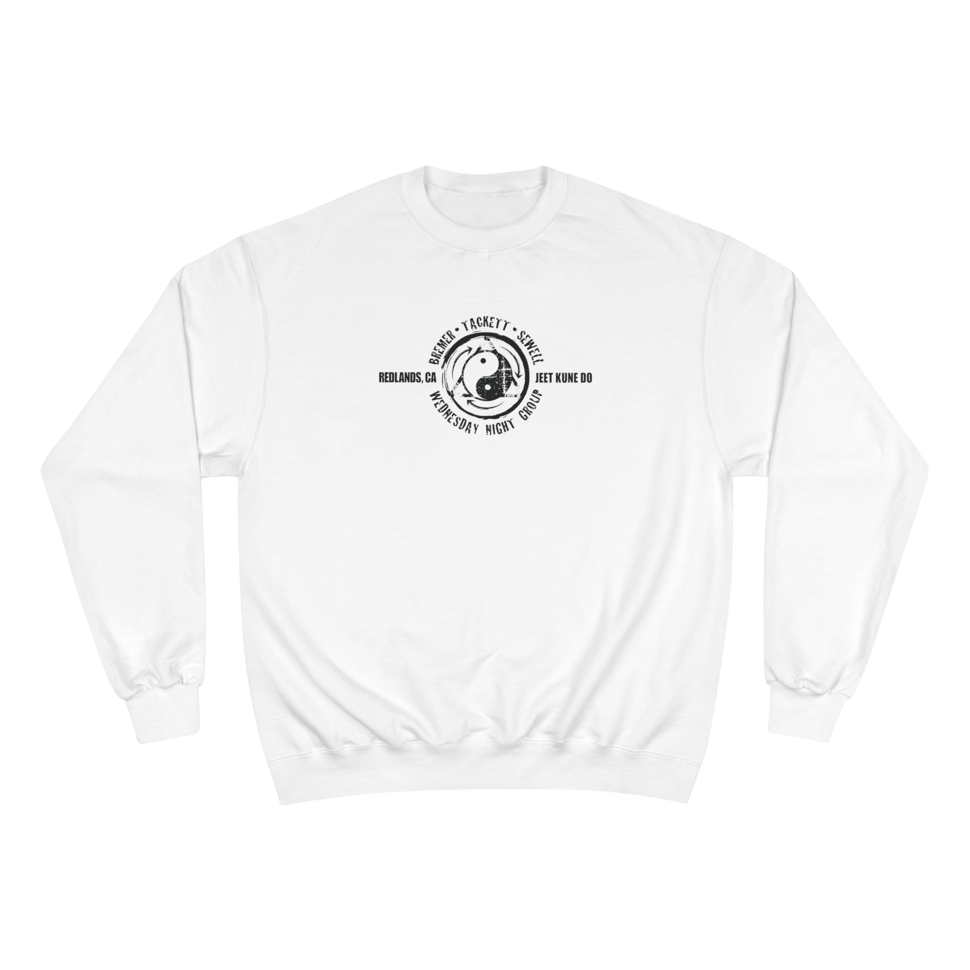 Front view of a white, Champion brand sweatshirt, with the JKD Wednesday Night Group logo on the chest.