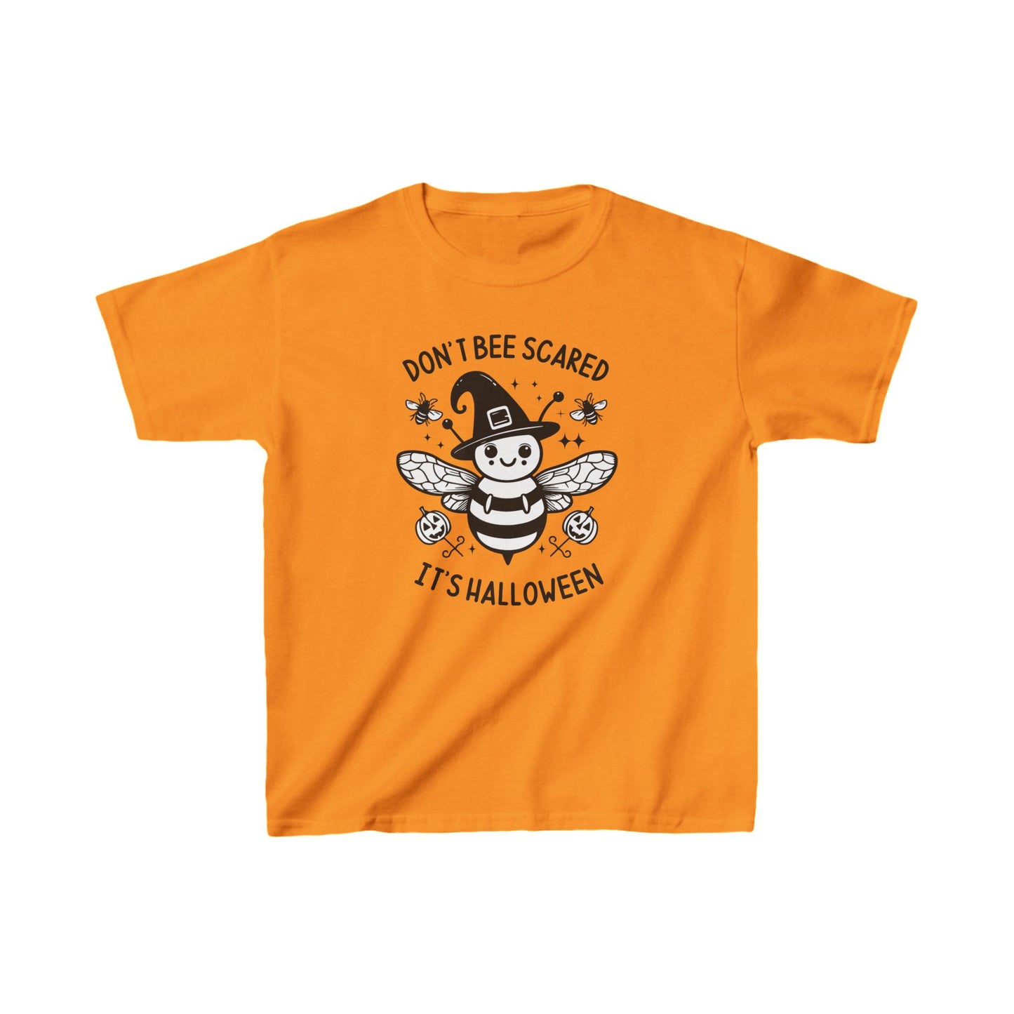 Front view of a Tennessee Orange colored, kids t-shirt with a design of a bumble bee wearing a witches hat on the front. Surrounding the design is text that reads "Don't bee scared, it's Halloween".