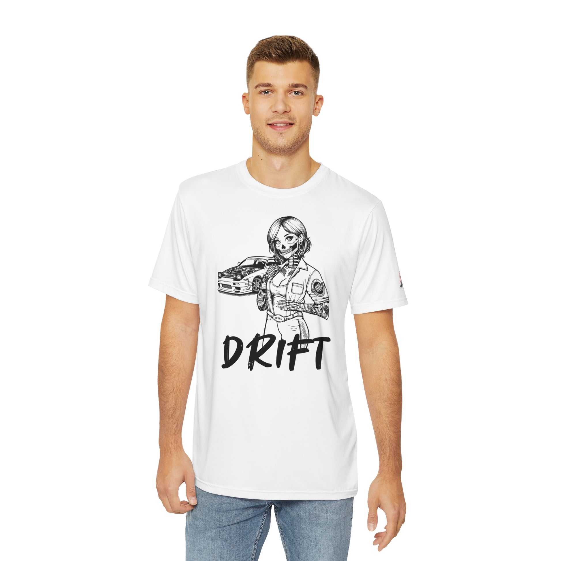 Front view of a man wearing a white polyester t-shirt, with a design of a female skeleton dressed as a mechanic. The mechanic is standing next to her car with the word "Drift" written underneath.