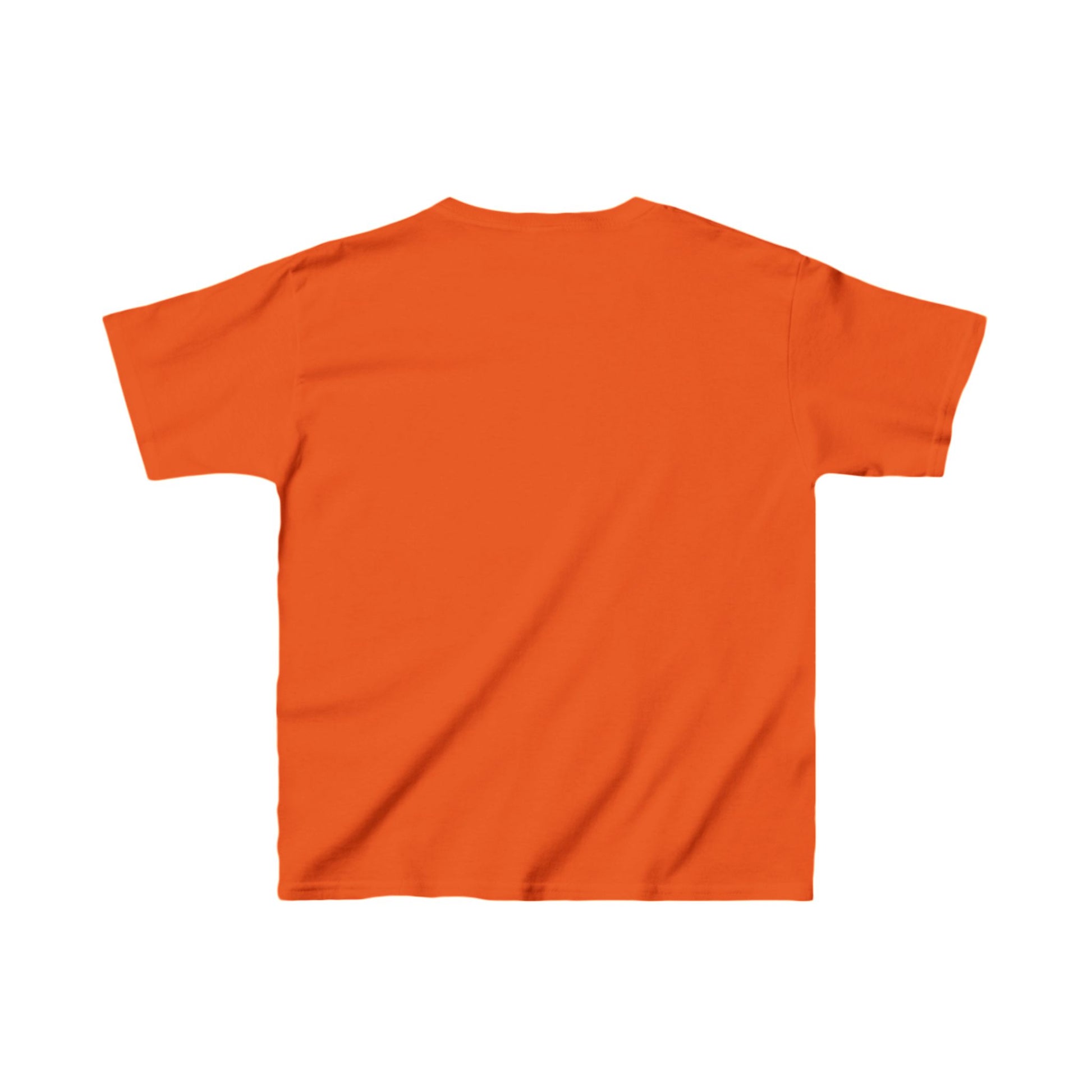 Back view of an orange colored, kids t-shirt.