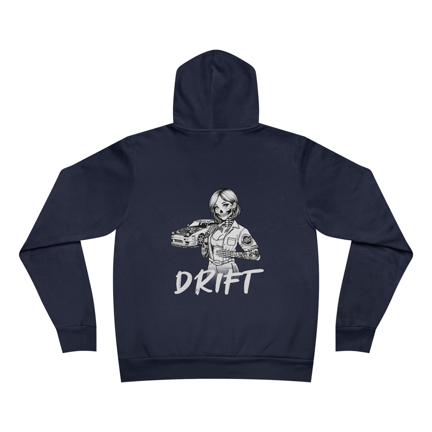 Back view of a navy colored hoodie, with a design of a female skeleton dressed as a mechanic on the back. The mechanic is standing next to her car with the word "Drift" written underneath.