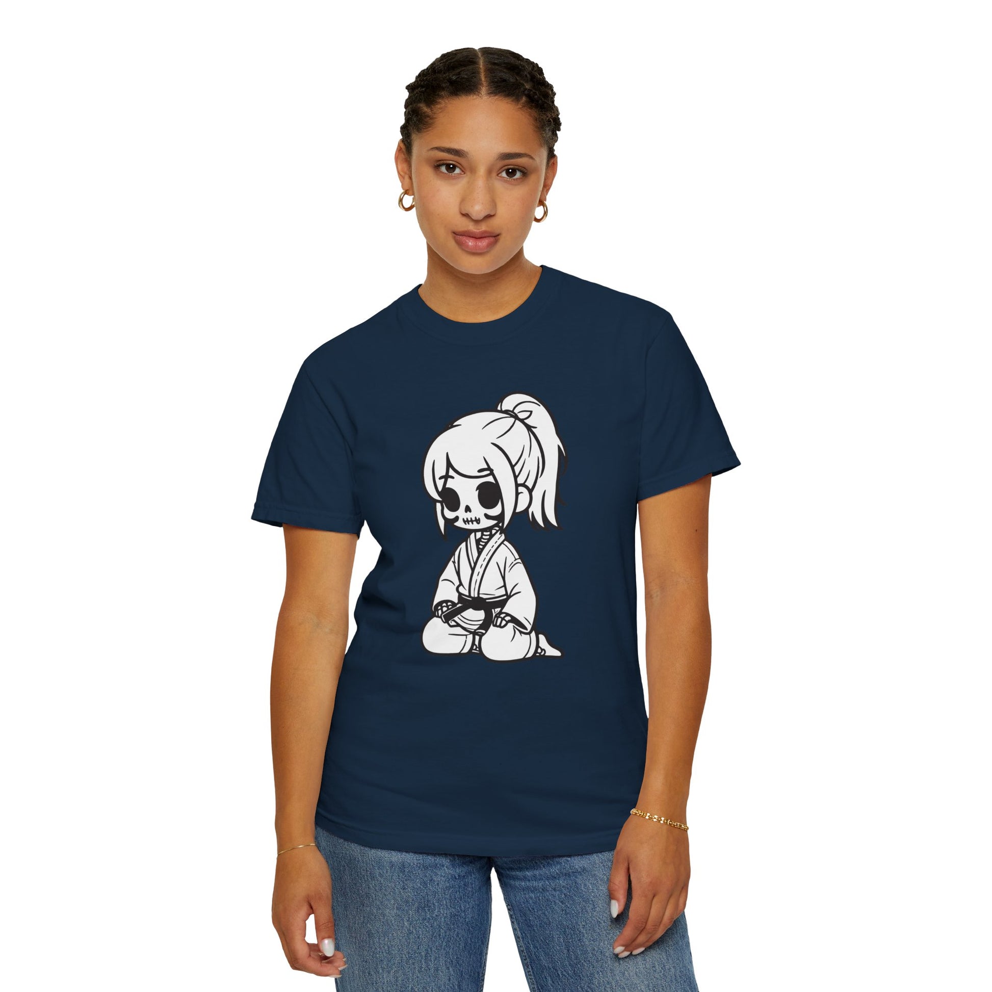 Front view of a woman wearing a True Navy colored cotton t-shirt, with a design of a skeleton girl wearing a jiu jitsu gi printed on the front of the shirt.