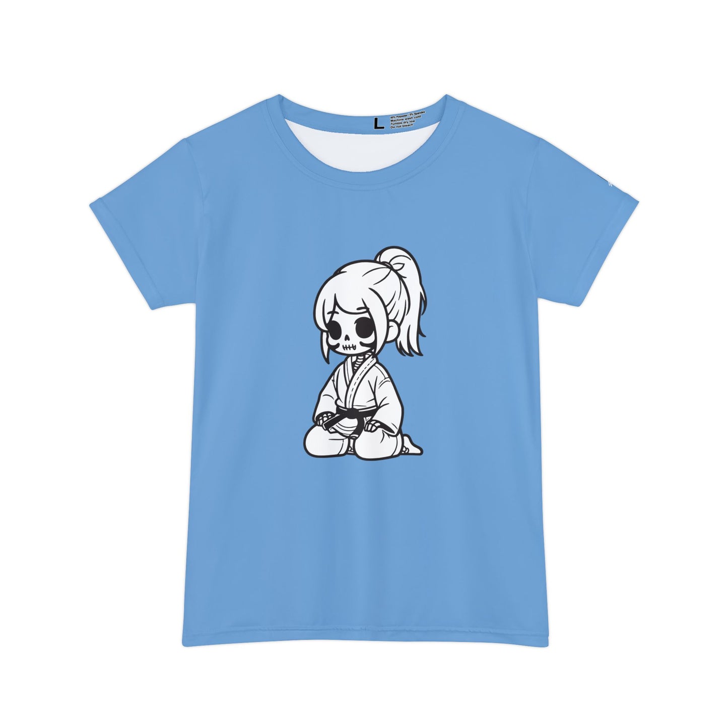 Front view of a light blue, polyester blend t-shirt, with a design of a skeleton girl wearing a jiu jitsu gi and black belt on the front.