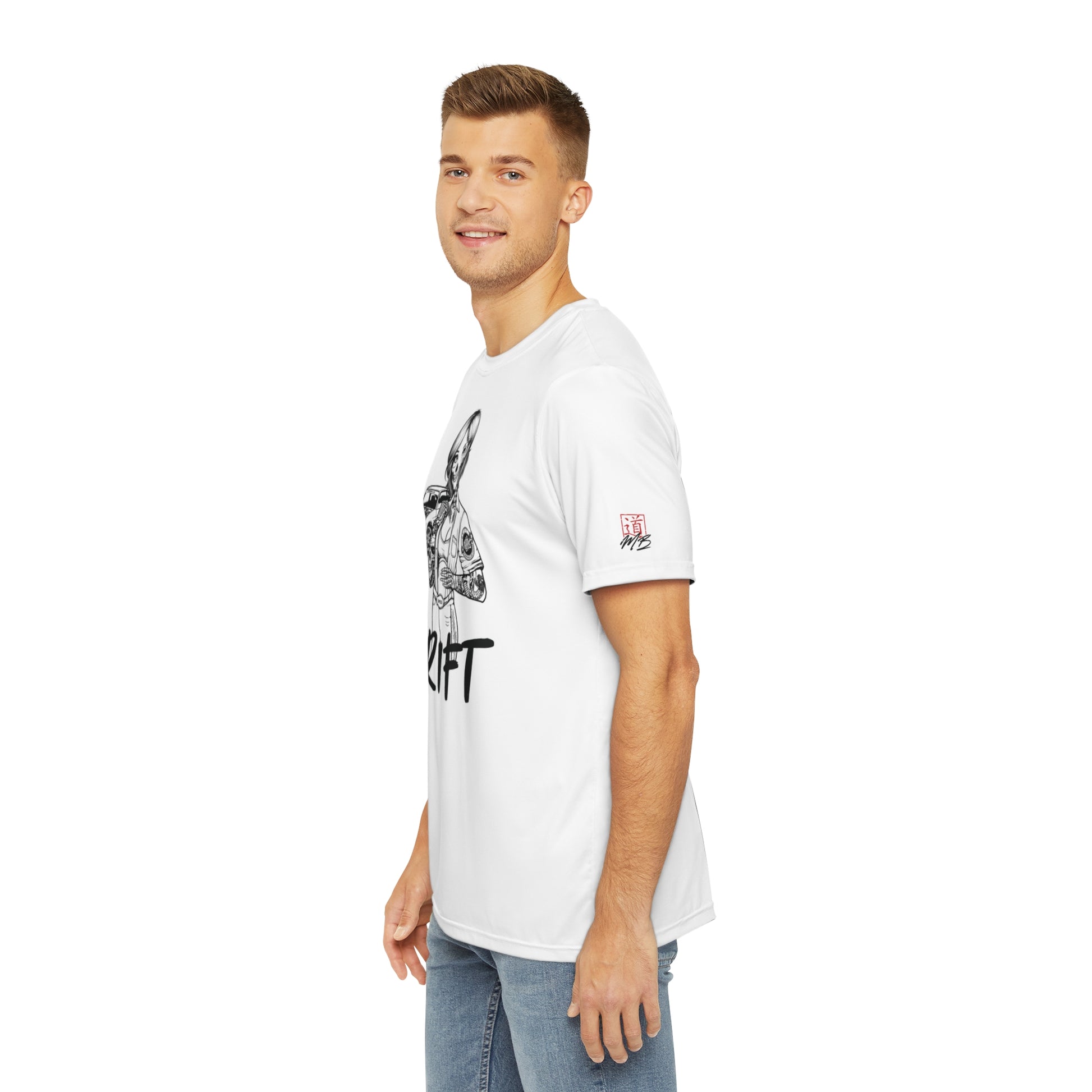 Left side view of a man wearing a white polyester t-shirt, with a design of a female skeleton dressed as a mechanic printed on the front. The MartialBoutique logo appears on the left sleeve.