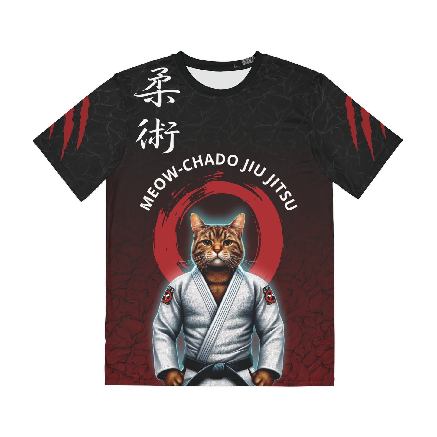 Black and red polyester, all over print t-shirt with an illustration of a cat wearing a Jiu Jitsu gi and black belt. Written above the cat is the text "Meow-Chado Jiu Jitsu". The sleeves of the shirt have claw marks across them.