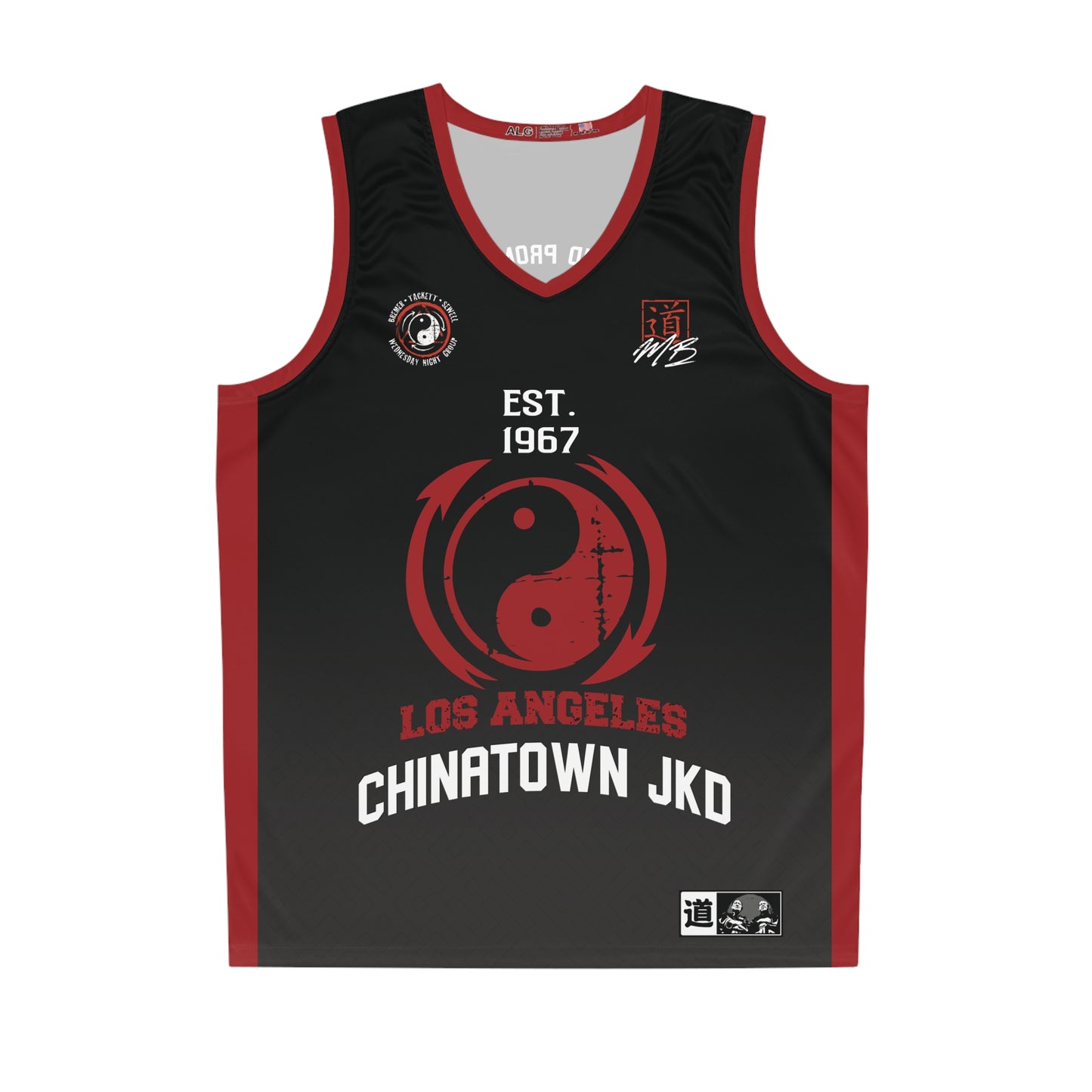 Front view of a black and red custom team jersey with "Los Angeles Chinatown JKD" printed on the front.