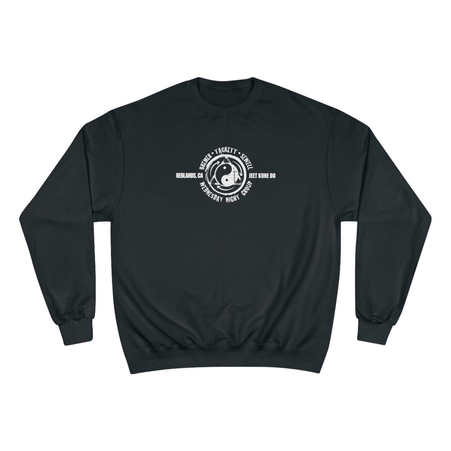 Front view of a black, Champion brand sweatshirt, with the JKD Wednesday Night Group logo on the chest.