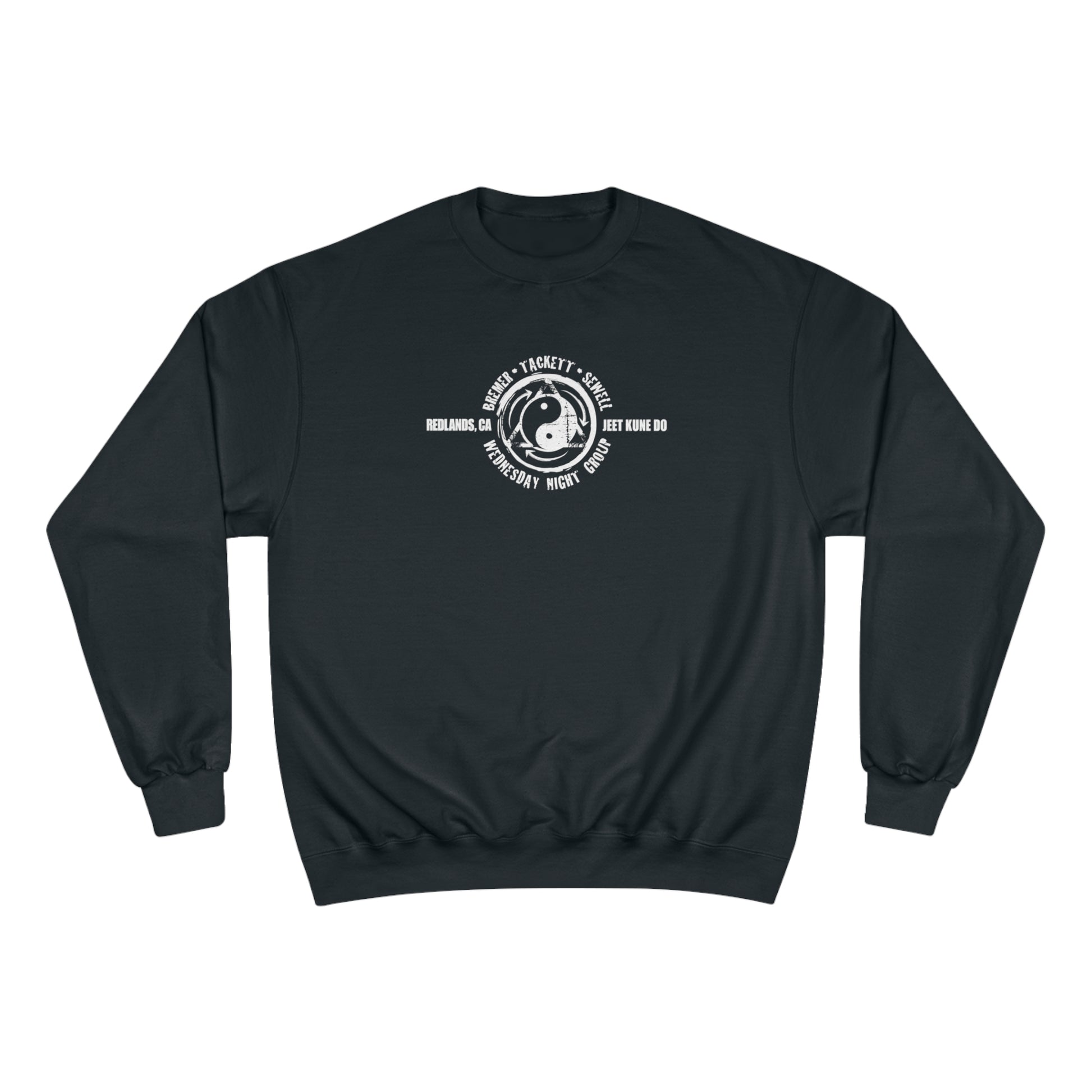 Front view of a black, Champion brand sweatshirt, with the JKD Wednesday Night Group logo on the chest.