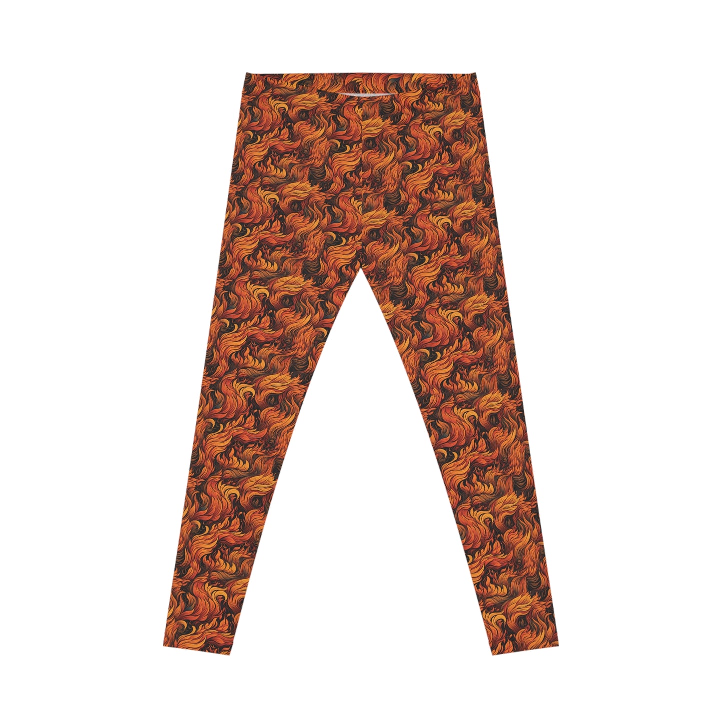 Front view of low rise leggings, with a fire and flames all-over-print, set against a white background.