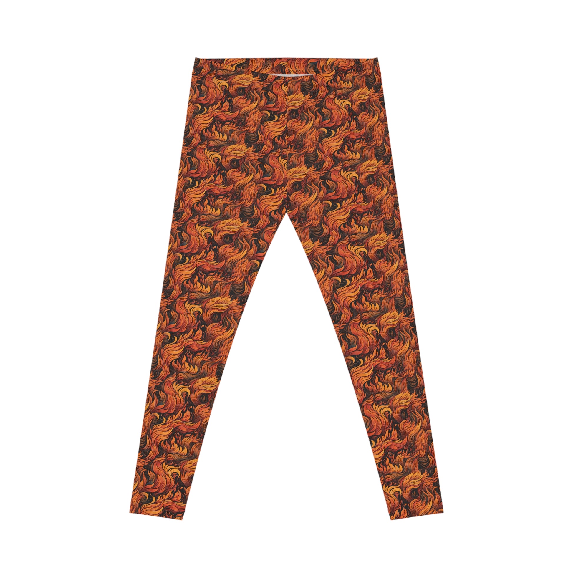 Front view of low rise leggings, with a fire and flames all-over-print, set against a white background.