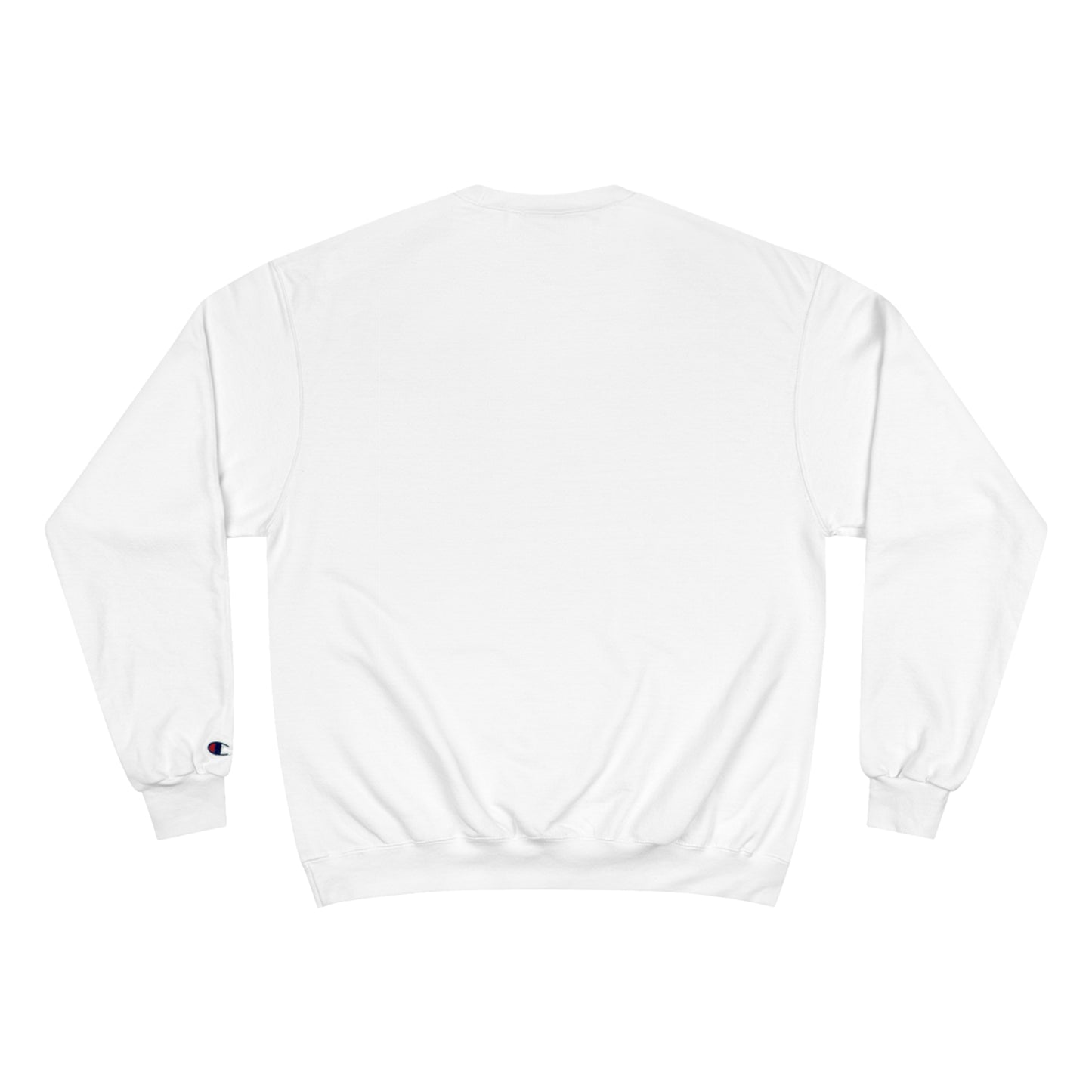 Back view a white, Champion brand sweatshirt.