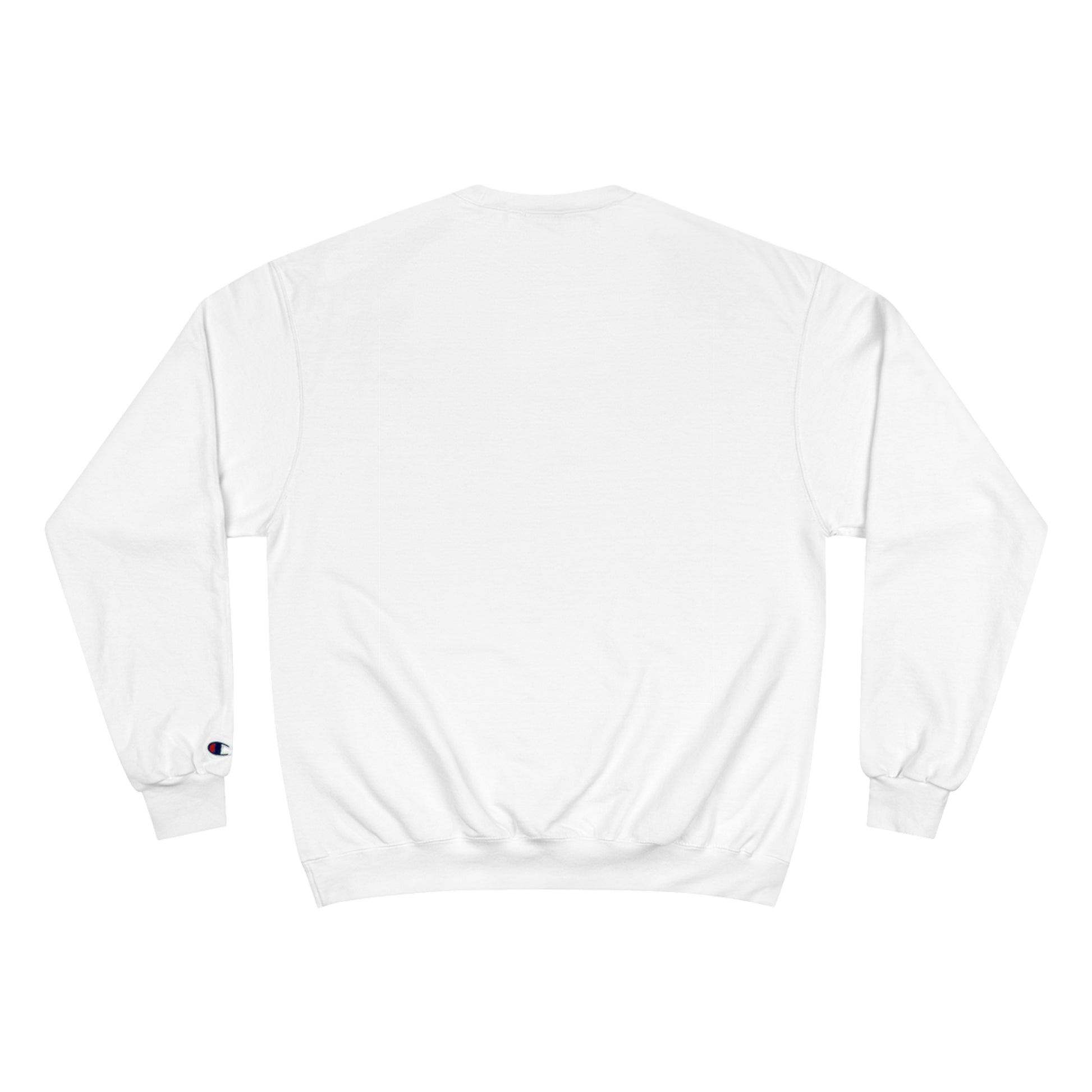 Back view a white, Champion brand sweatshirt.