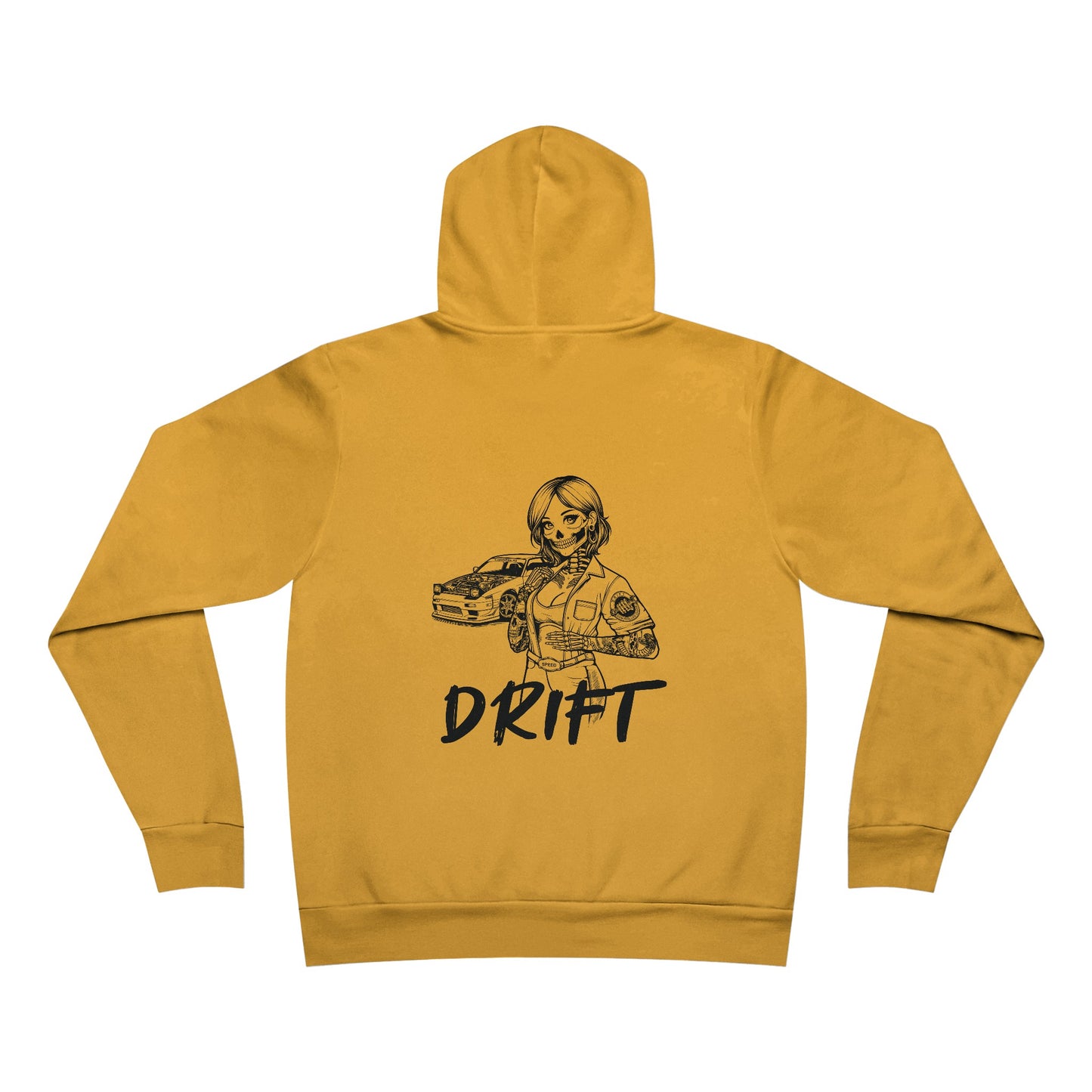 Back view of a gold colored fleece hoodie, with a design of a female skeleton dressed as a mechanic on the back. The mechanic is standing next to her car with the word "Drift" written underneath.