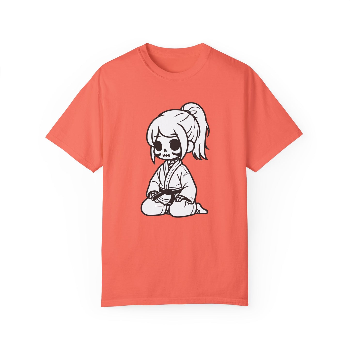 Front view of a Bright Salmon colored cotton t-shirt, with a design of a skeleton girl wearing a jiu jitsu gi. Wrapped around the girl's waist is a black belt.