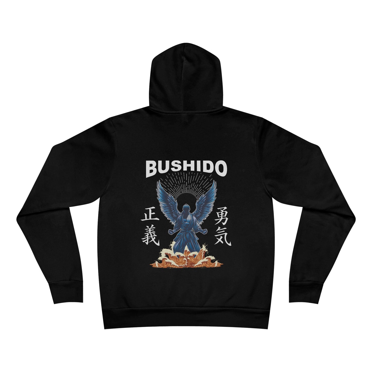 Back view of a black pullover hoodie with an illustration of a martial artist with angel wings. The text above the design reads "Bushido", and the kanji on the left and right sides are translated to English as "Justice" and "Courage".