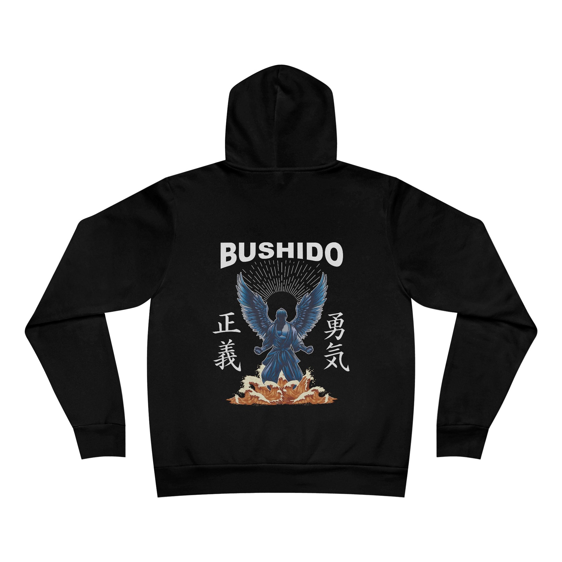 Back view of a black pullover hoodie with an illustration of a martial artist with angel wings. The text above the design reads "Bushido", and the kanji on the left and right sides are translated to English as "Justice" and "Courage".