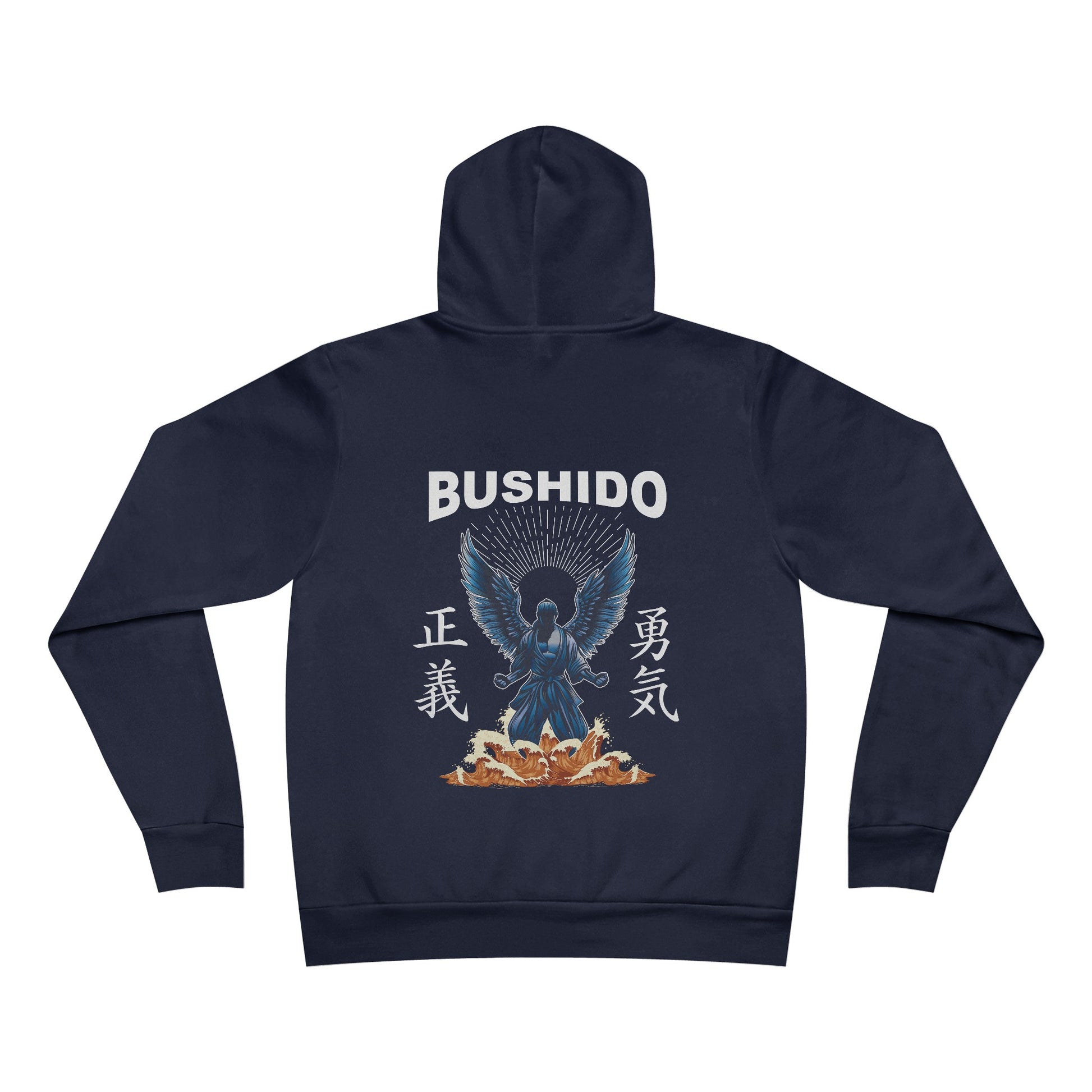 Back view of a navy blue pullover hoodie with an illustration of a martial artist with angel wings. The text above the design reads "Bushido", and the kanji on the left and right sides are translated to English as "Justice" and "Courage".