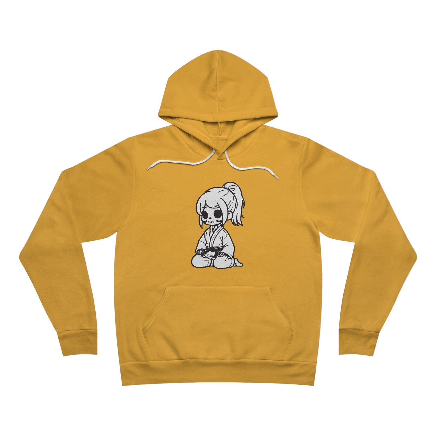 Front view of a gold colored pullover hoodie, with a design of a skeleton girl wearing a jiu jitsu gi and black belt on the front.