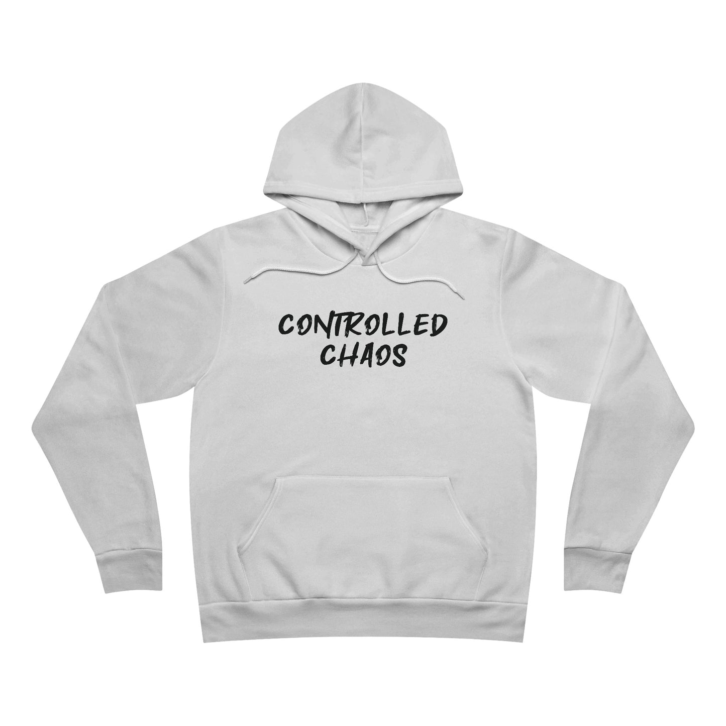 Front view of a white fleece hoodie, with the words "Controlled Chaos" written across the chest.