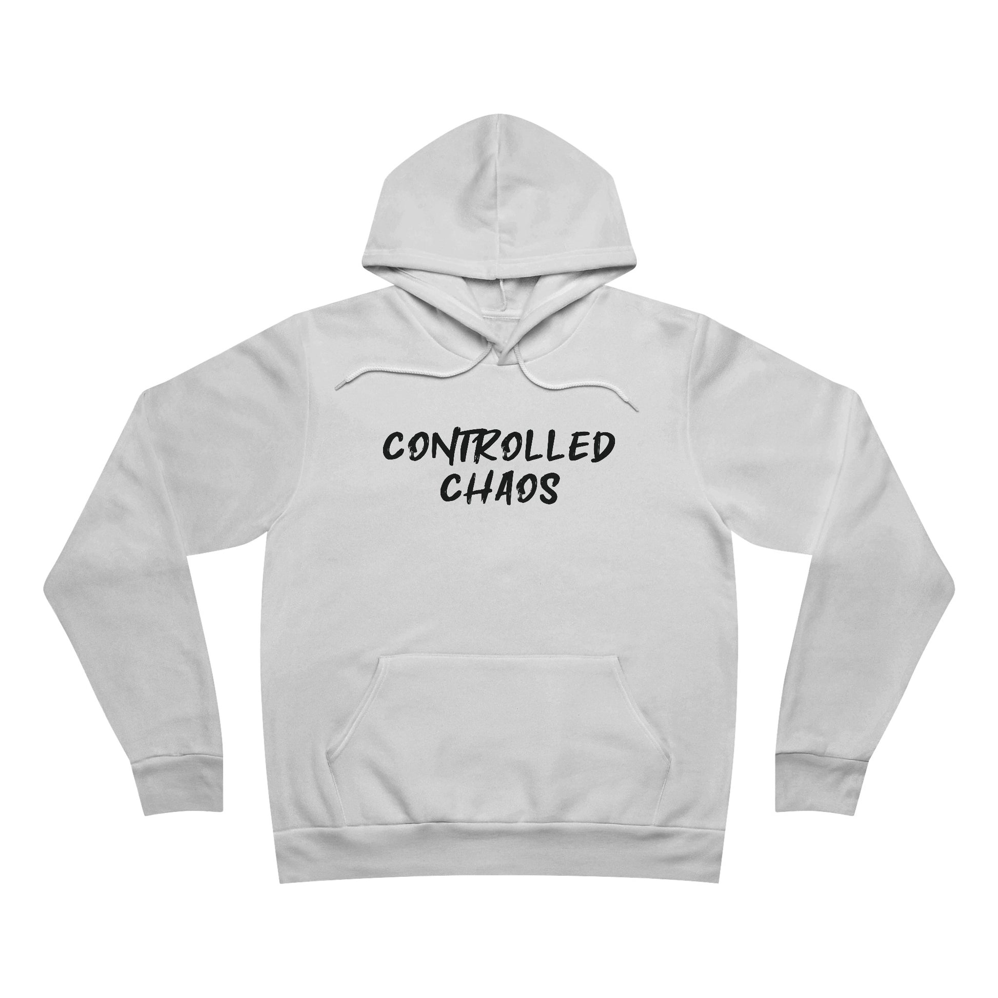 Front view of a white fleece hoodie, with the words "Controlled Chaos" written across the chest.