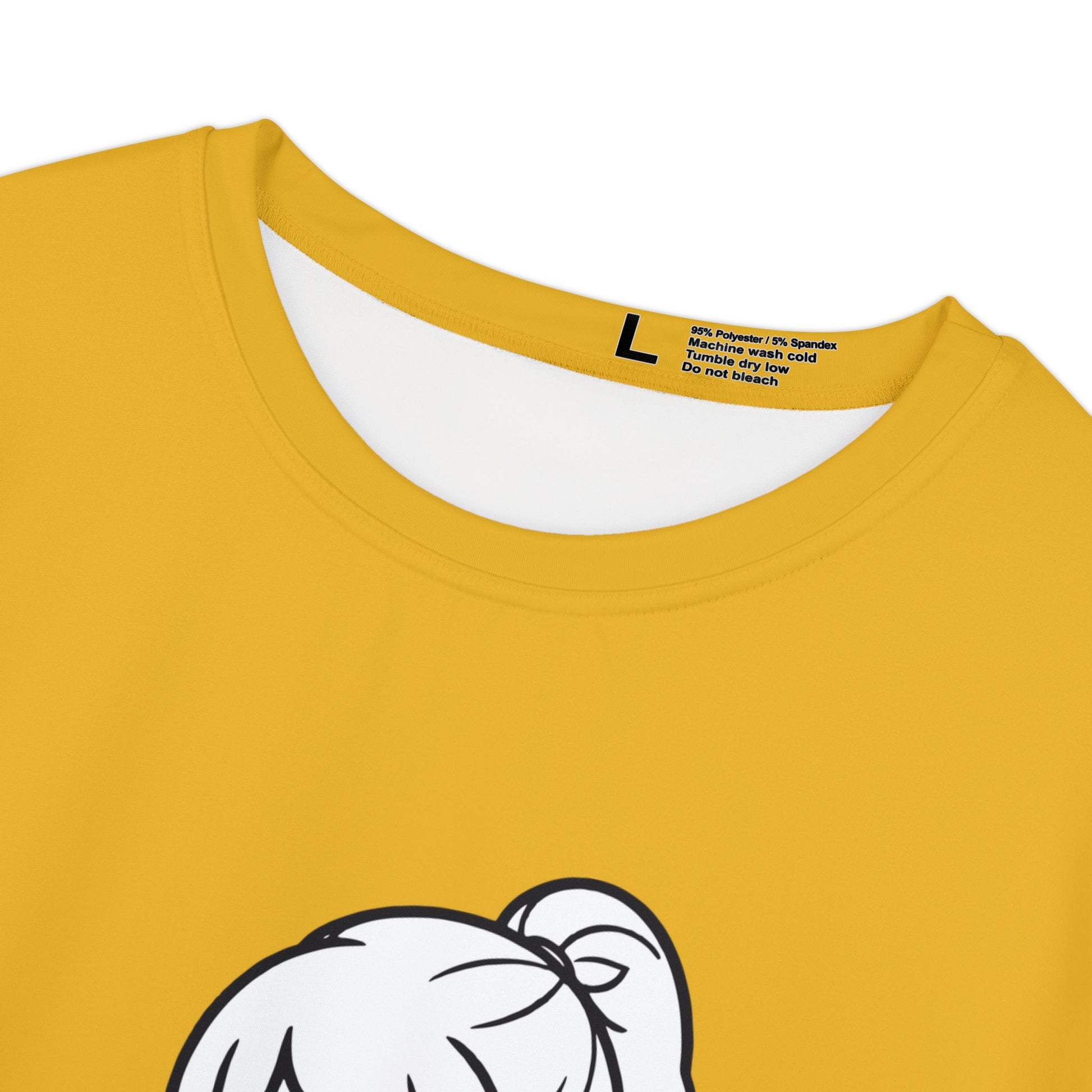 Close up view of the crew neck collar and care instructions for a yellow, polyester blend t-shirt.