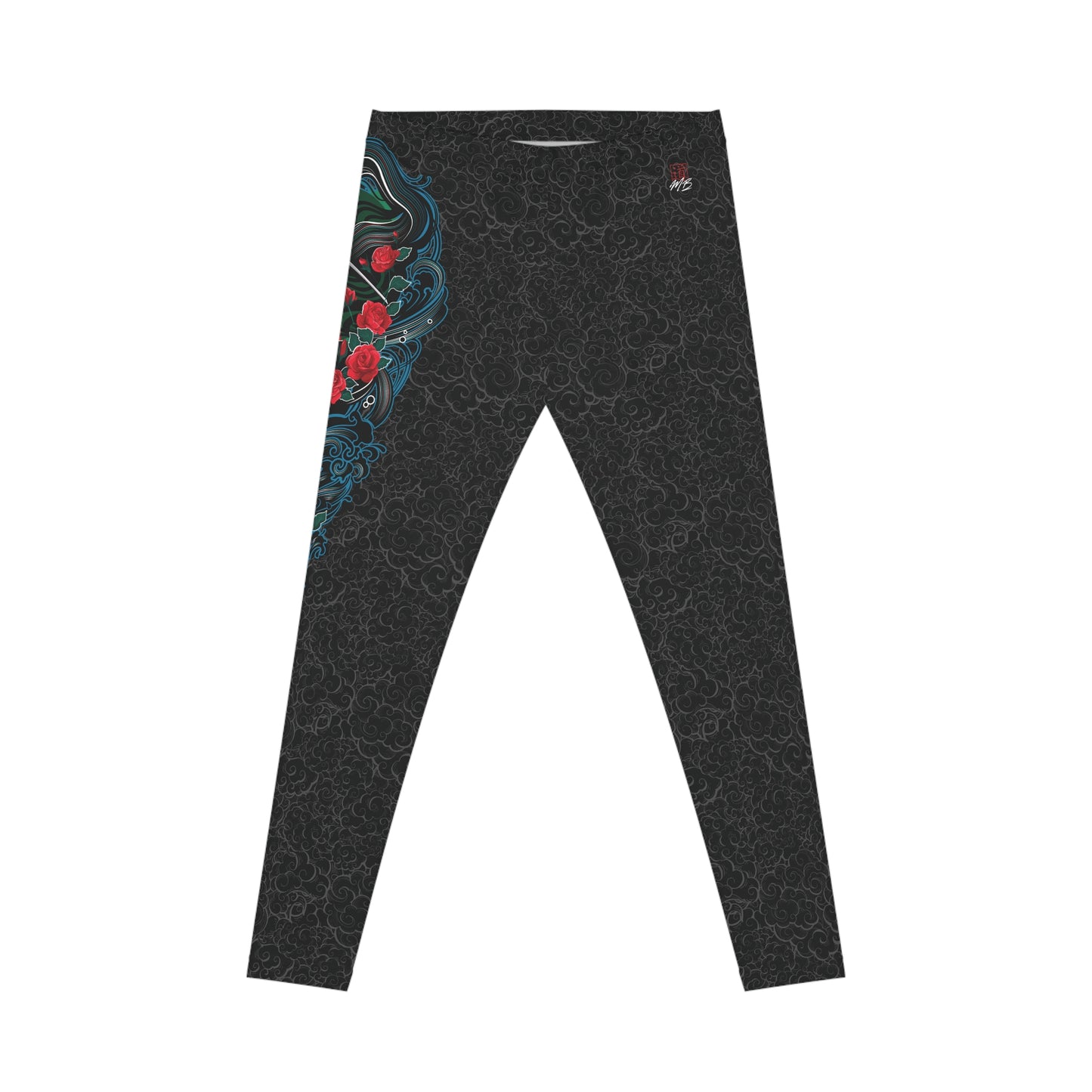 Black, low-rise casual leggings with a light background pattern. Printed on the right, upper hip area is an illustration of a female warrior holding a katana sword.