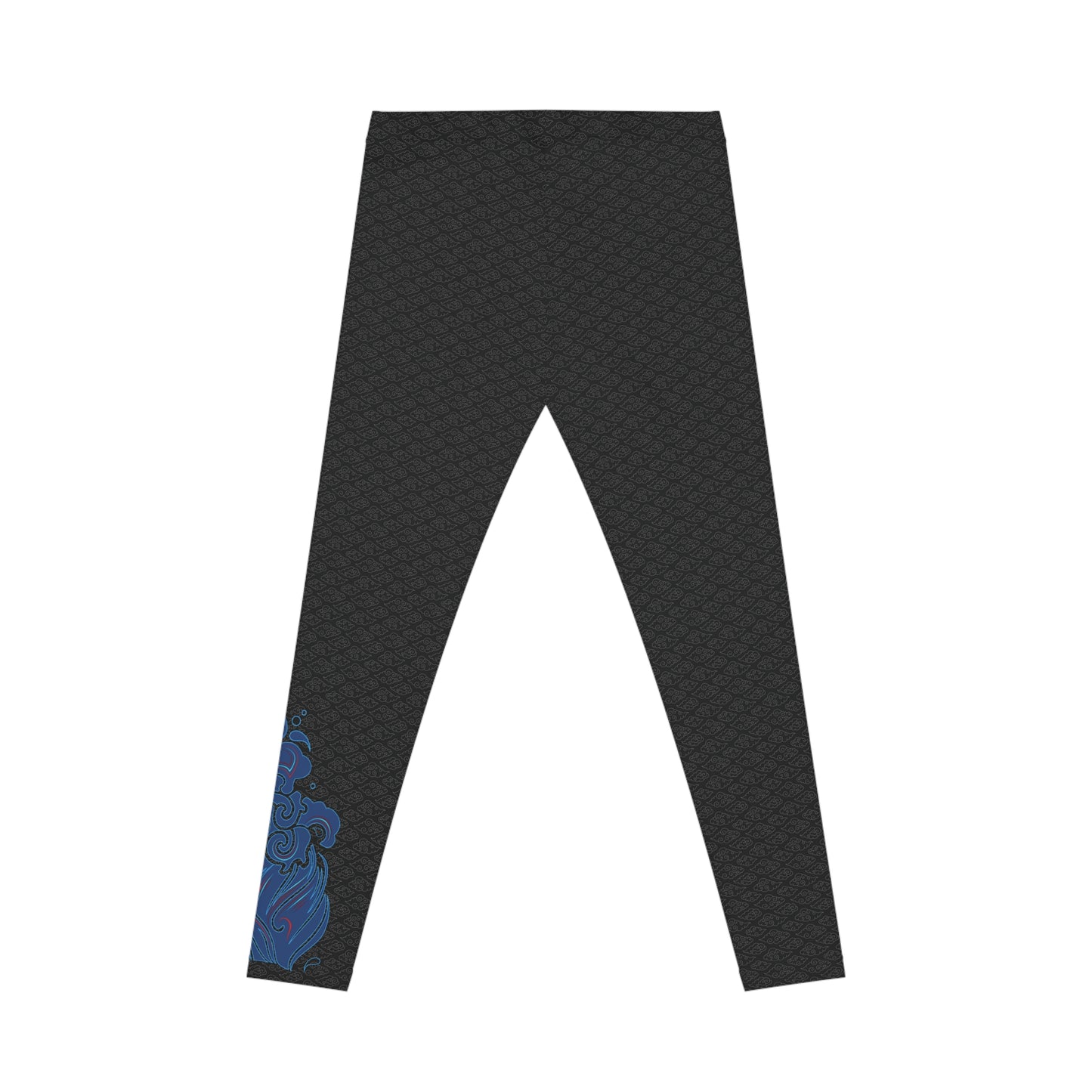 Back view of black, patterned low-rise leggings, with a small, abstract design on the outer left calf area.