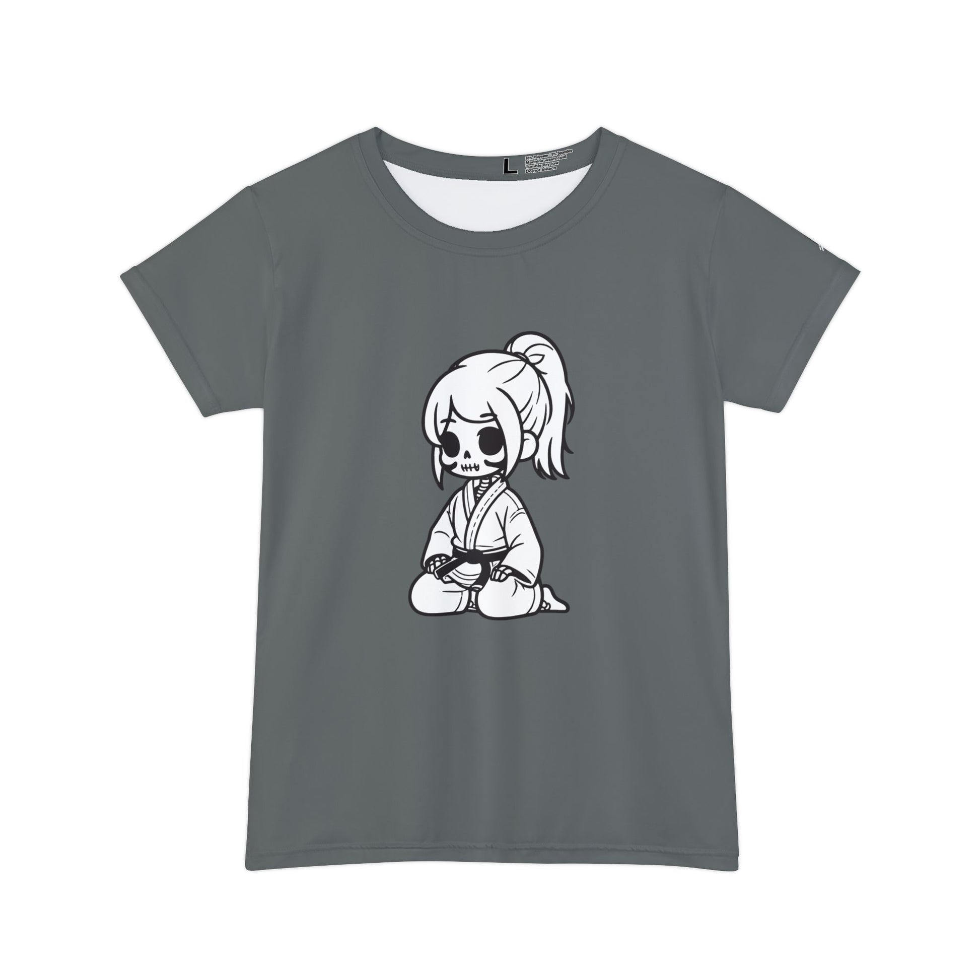 Front view of a dark gray colored, polyester blend t-shirt with a design of a skeleton girl wearing a jiu jitsu gi and black belt on the front.