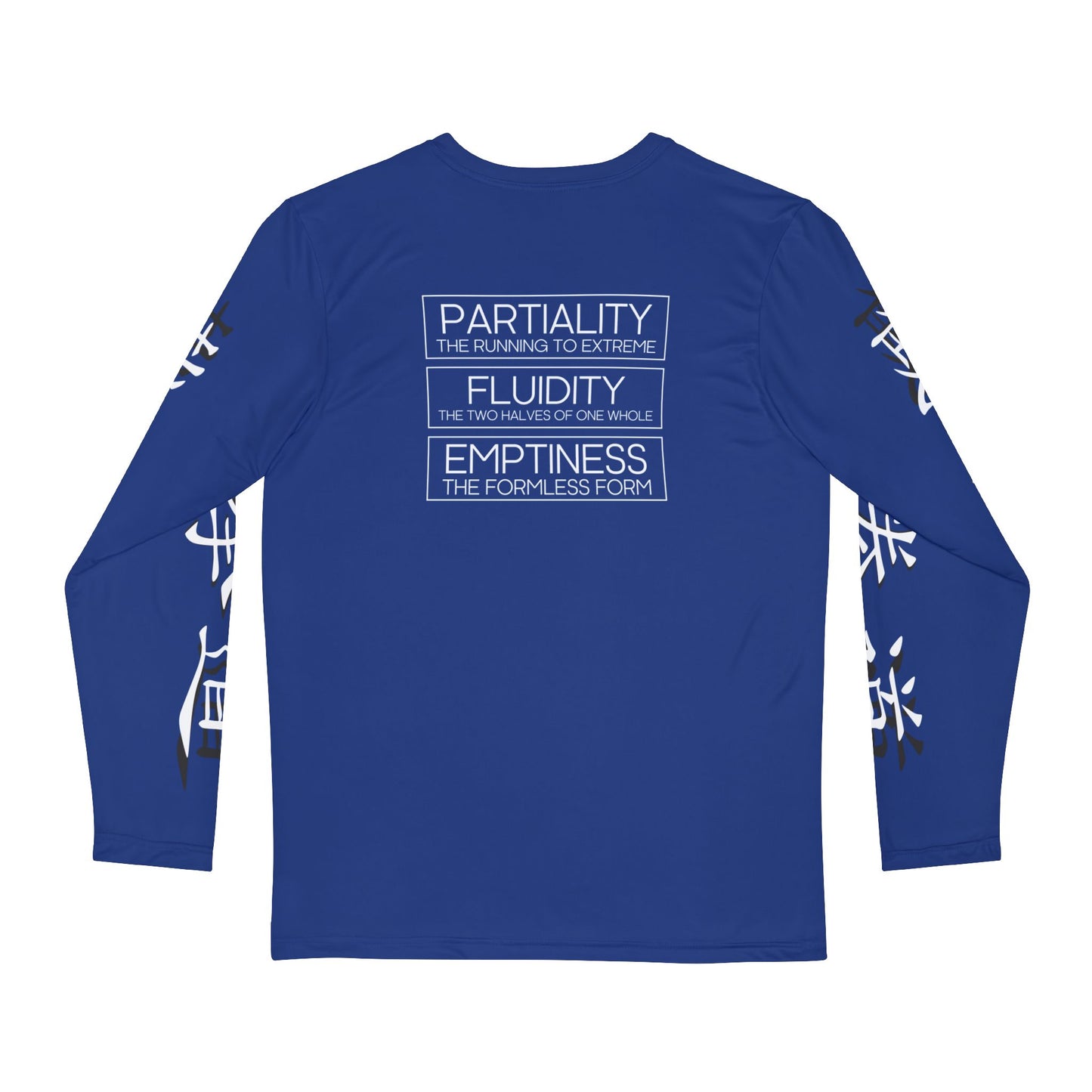 Back view of a dark blue, polyester long sleeve t-shirt, with the words "Partiality", "Fluidity", and "Emptiness" printed on the upper back area.