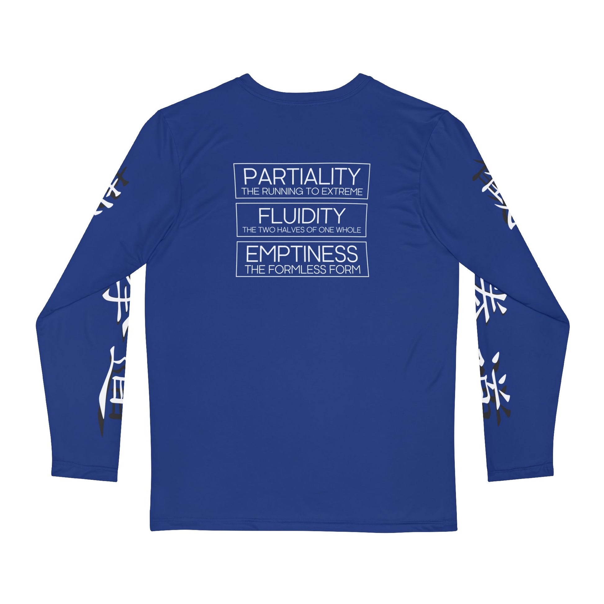 Back view of a dark blue, polyester long sleeve t-shirt, with the words "Partiality", "Fluidity", and "Emptiness" printed on the upper back area.